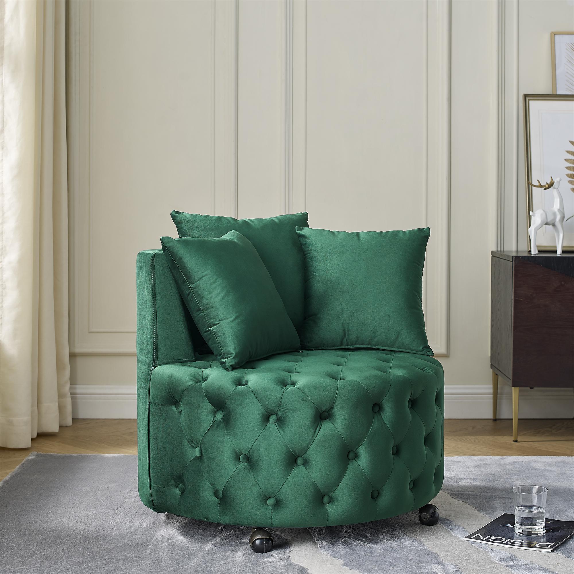 Velvet Upholstered Swivel Chair with Button-Tufted Back, Multi-Density Foam Cushion, Seat with 3 Accent Pillows, 30" L x 30" W x 26" H, Green