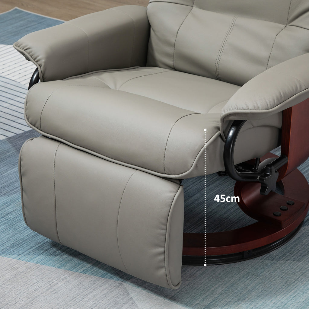 Faux Leather Manual Recliner, Adjustable Swivel Lounge Chair with Footrest, Armrest and Wrapped Wood Base for Living Room, Gray
