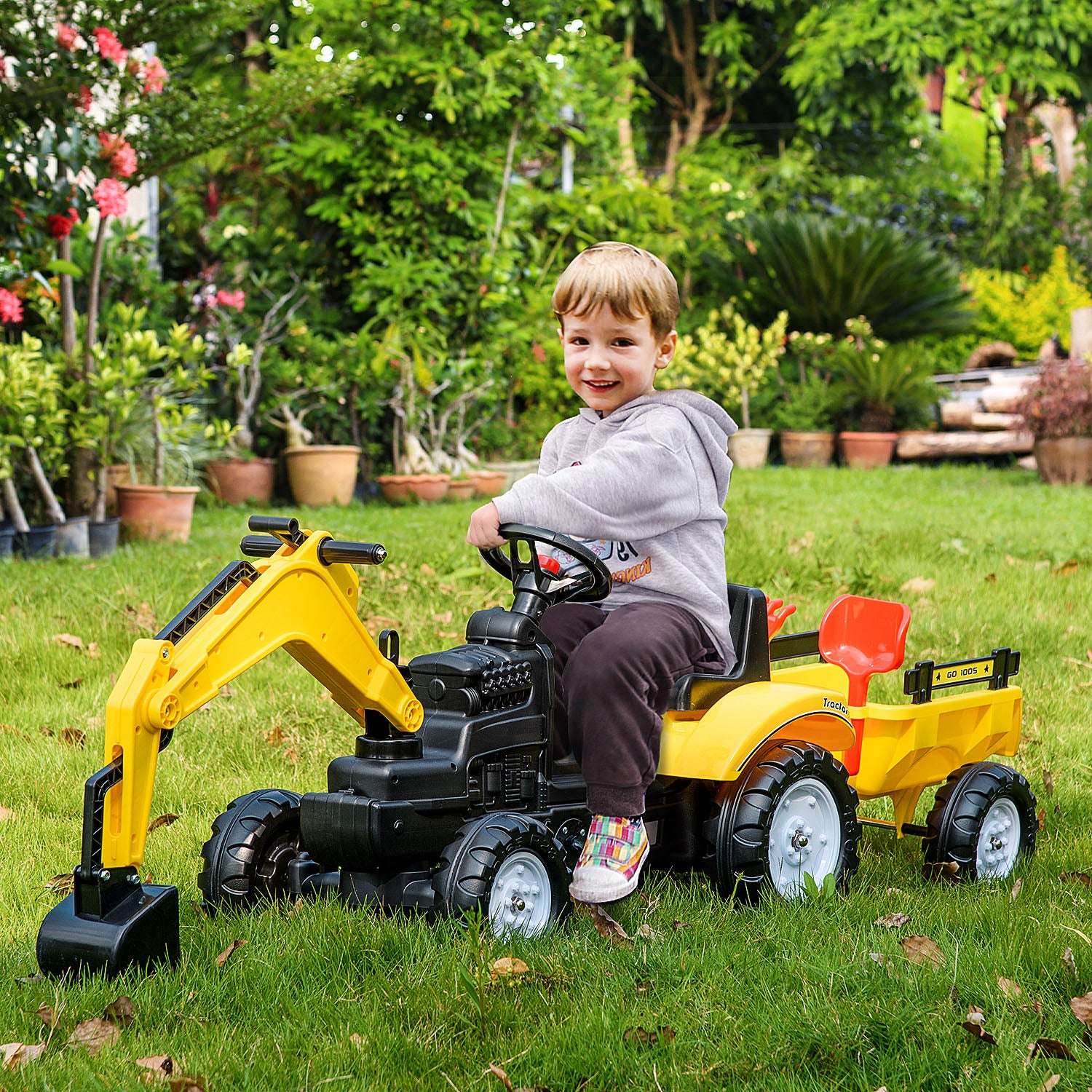 Digger Ride-on Truck Kids Car with Horn, Excavator Ride-on Toy, Imaginative Toy Construction Car, 6 Wheels & Detachable Trailer, Yellow