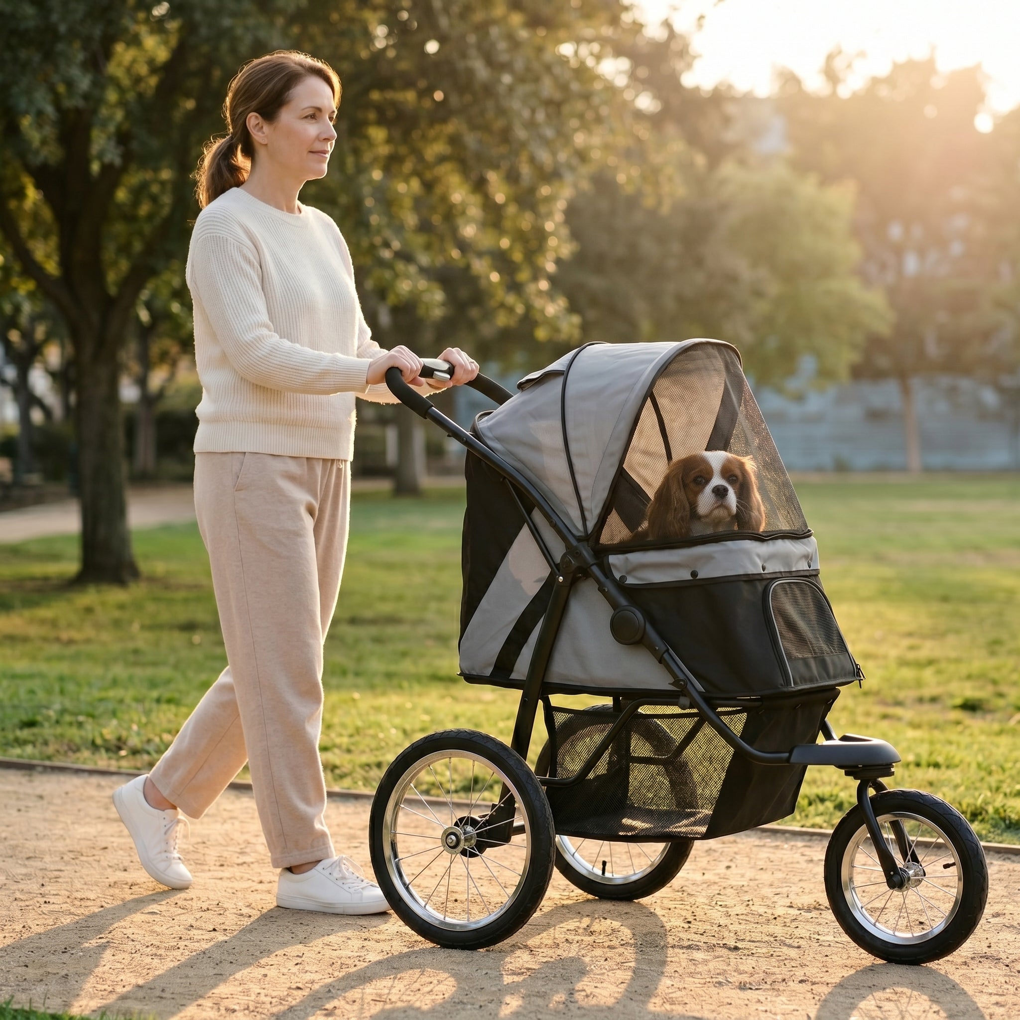 3 Wheels Pet Stroller for Small Dogs and Medium Dogs with Adjustable Canopy, Safety Tether, Storage Basket, Gray