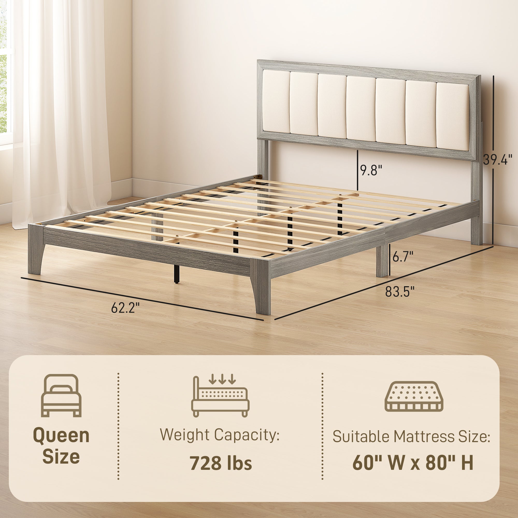 Queen Bed Frame with Headboard Queen Platform Bed Frame with Wooden Slats No Box Spring Needed Easy Assembly Gray