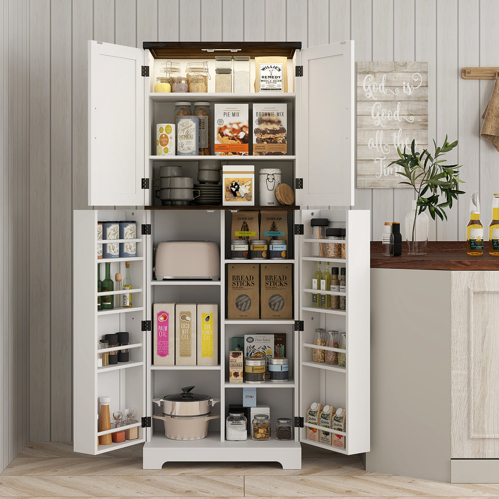64" Tall Kitchen Pantry Cabinet with Motion Sensor Light, Spice Racks and Adjustable Shelves, White