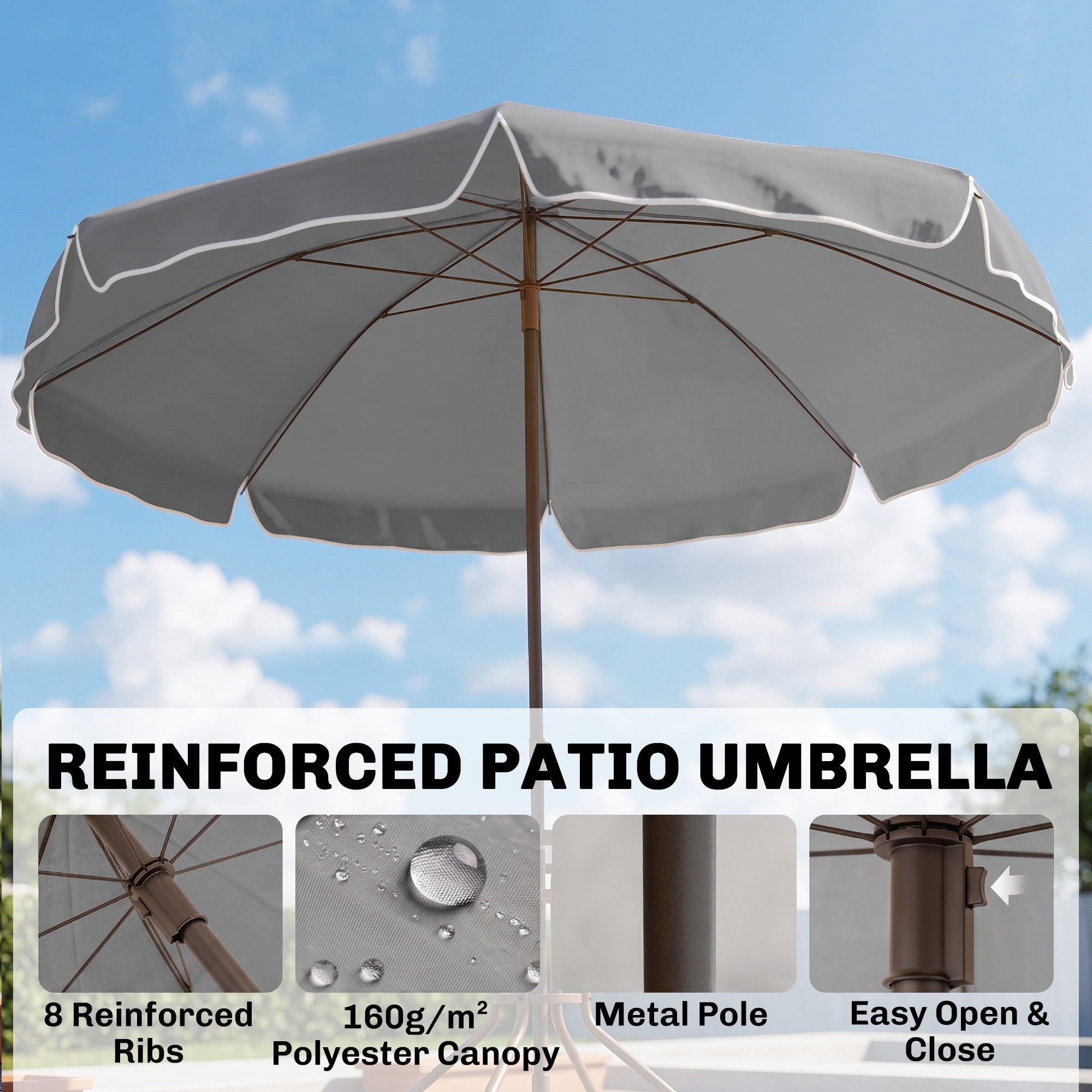 6 Piece Patio Dining Set for 4 with Umbrella, with 4 Folding Dining Chairs & Round Glass Table for Garden, Gray