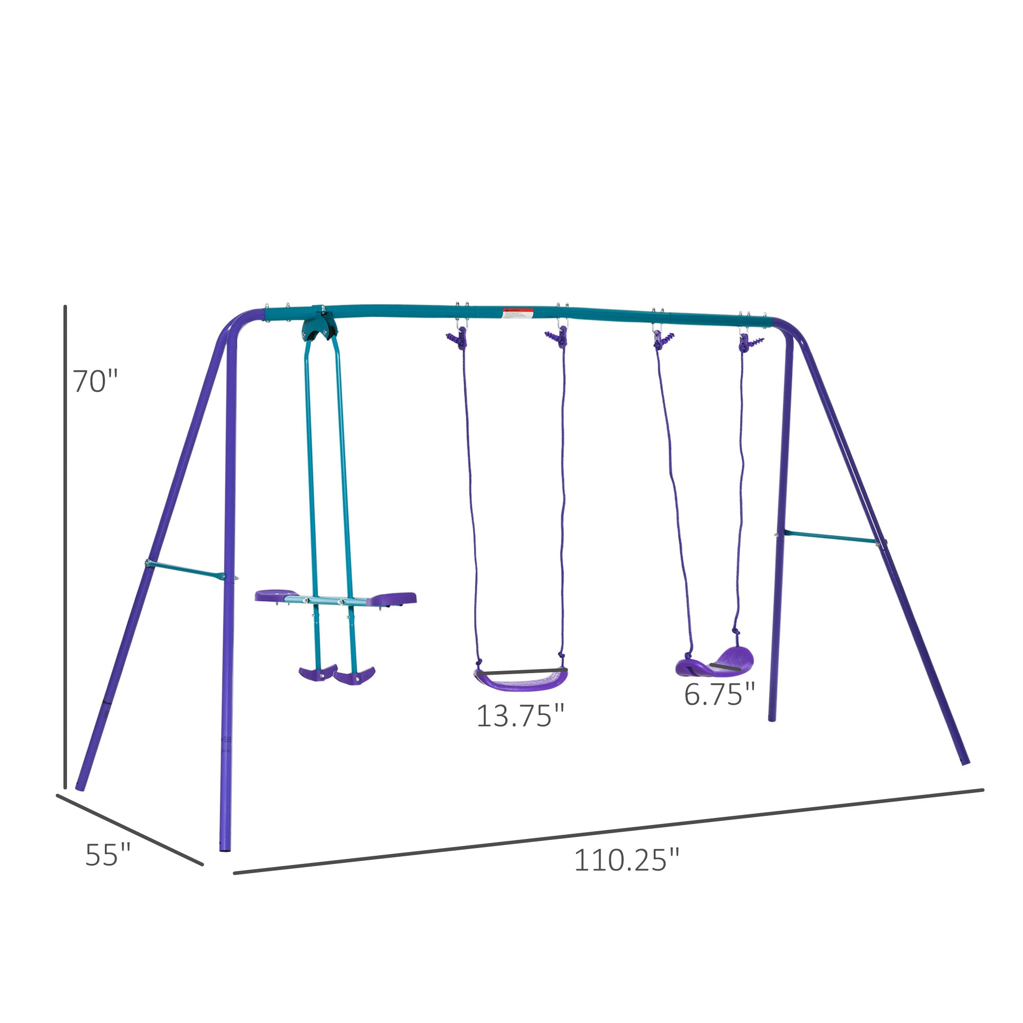 Metal Swing Set with Glider, Two S Seats and Adjustable Height, Outdoor Heavy Duty A-Frame Kids Playset Suitable for Playground, Backyard, Purple