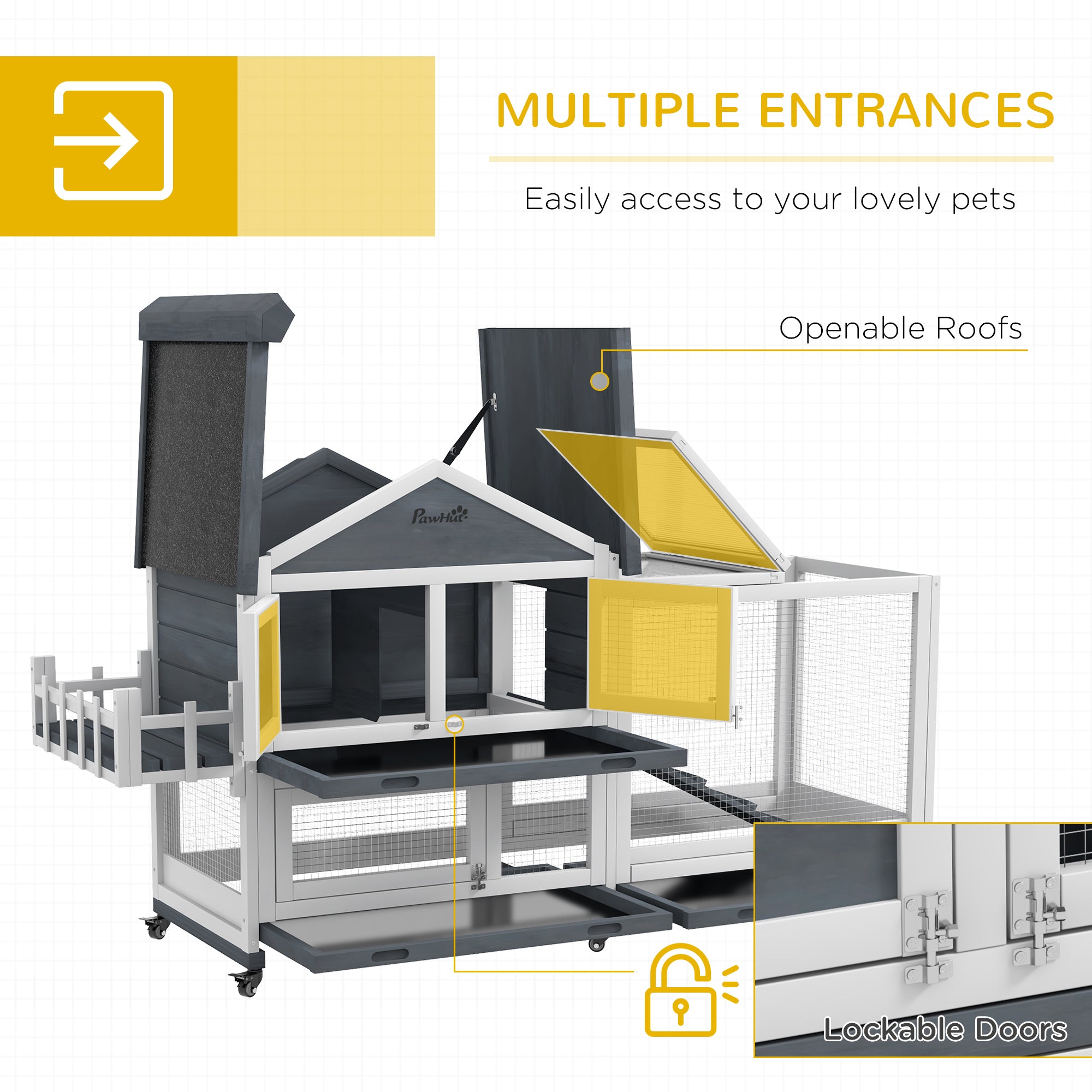 65" Wooden Rabbit Hutch, Pet Playpen with Openable Roof & Storage Box for Rabbits and Small Animals, Gray