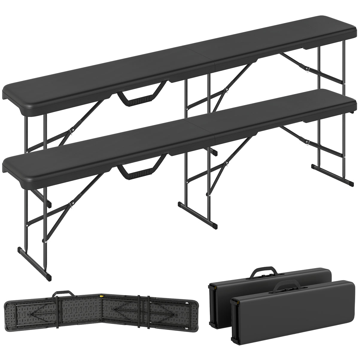 2 Pack 6 ft Portable Foldable Bench Seats, Plastic Folding Benches with Carrying Handle for Camping, Black