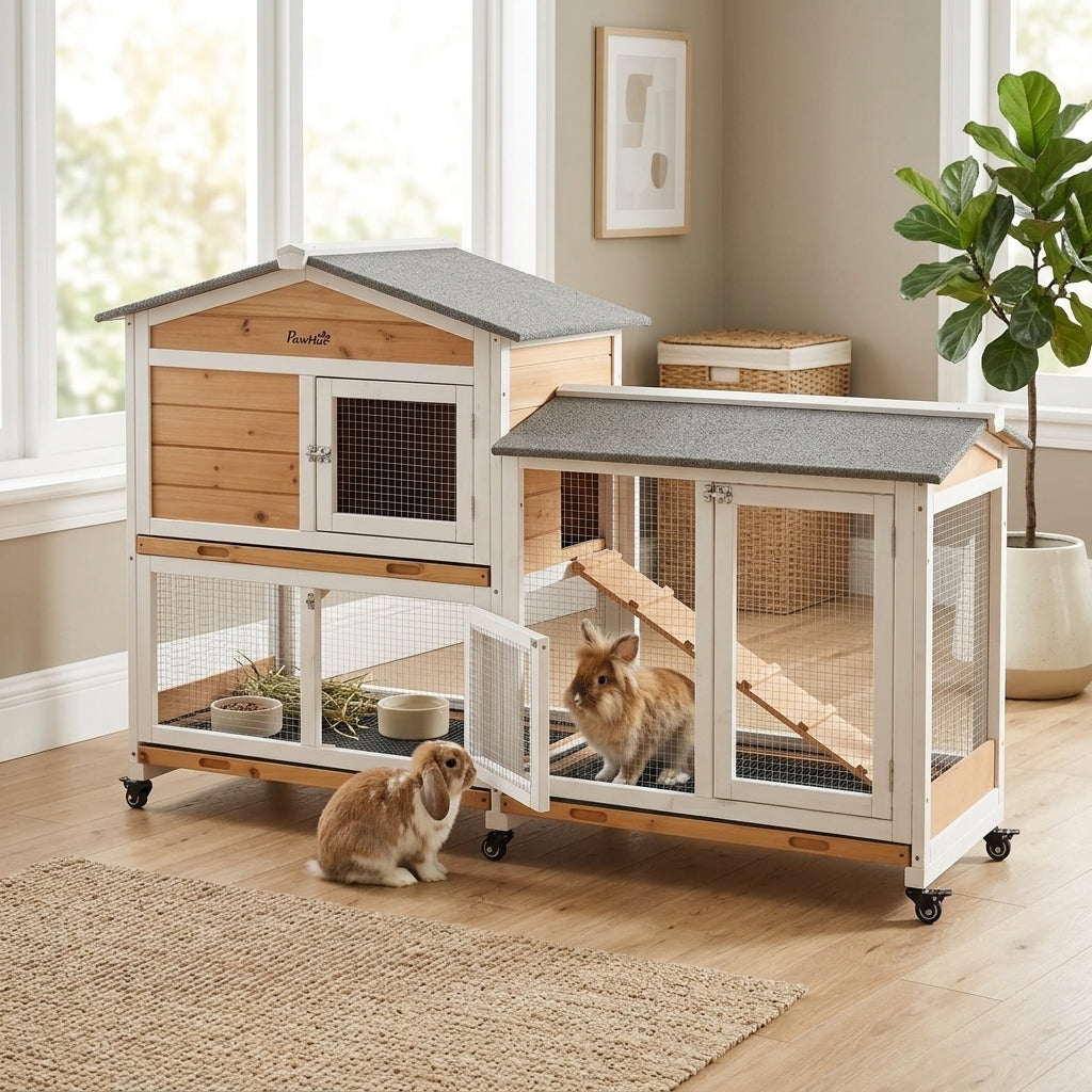 62" Wooden Mobile Rabbit Hutch with Wheels, Run Box, Slide-out Tray, Ramp, Yellow