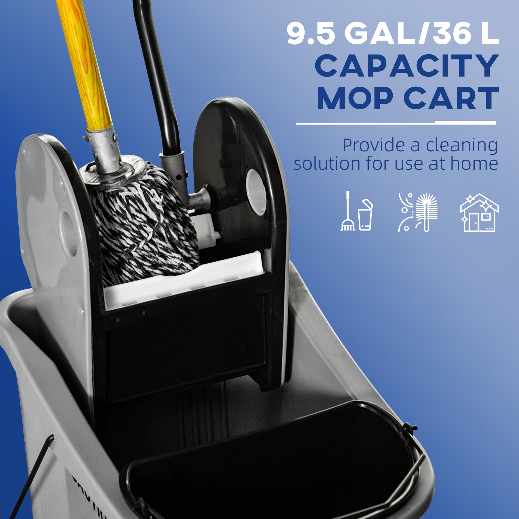9.5 Gallon (38 Quart) Mop Bucket with Wringer Cleaning Cart, 4 Moving Wheels, Mop-Handle Holder & 2 Separate Buckets, Gray