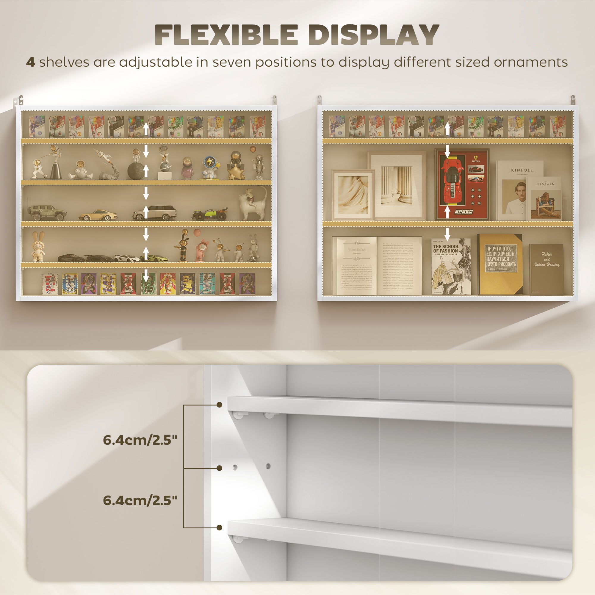 5-Tier Display Cabinet, Wall-Mounted Display Case with 2 Glass Doors and Adjustable Shelves, White