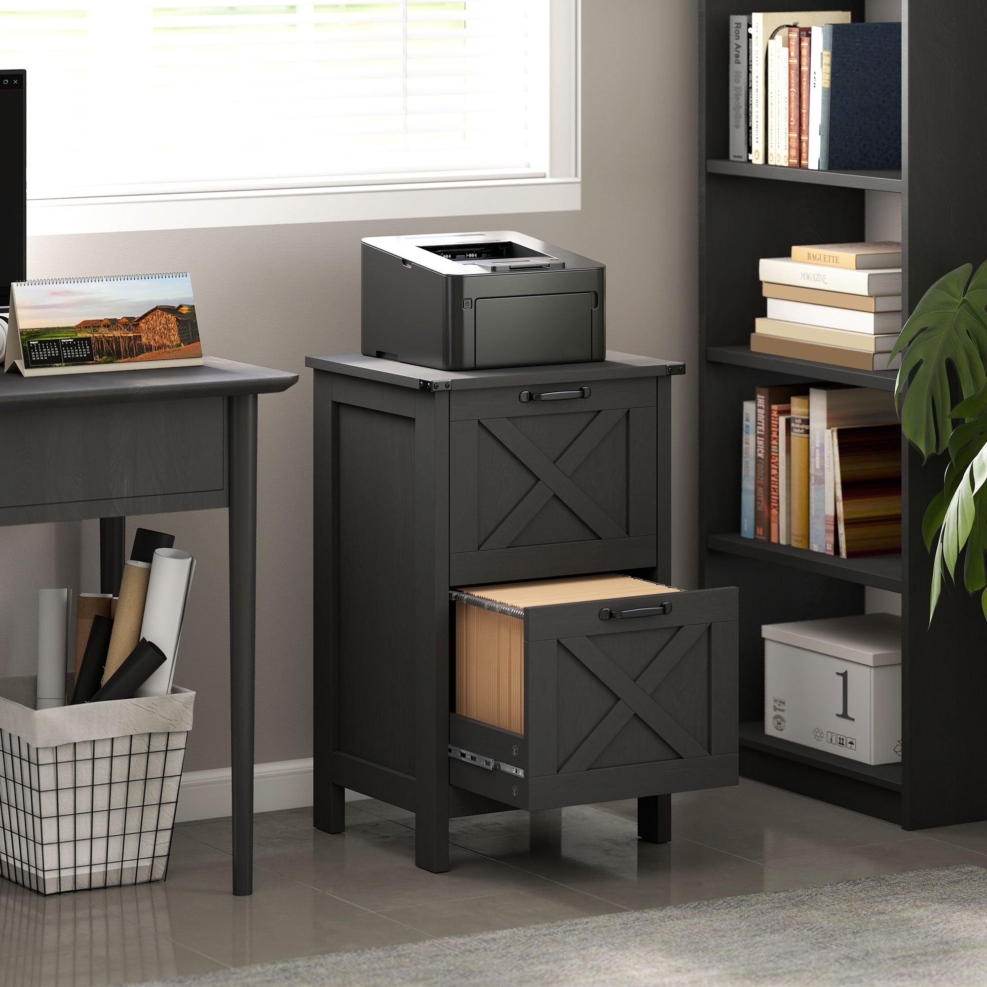 Vertical File Cabinet with 2 Drawers, Rustic Farmhouse Office Storage Cabinet for A4, Letter Size, Distressed Black