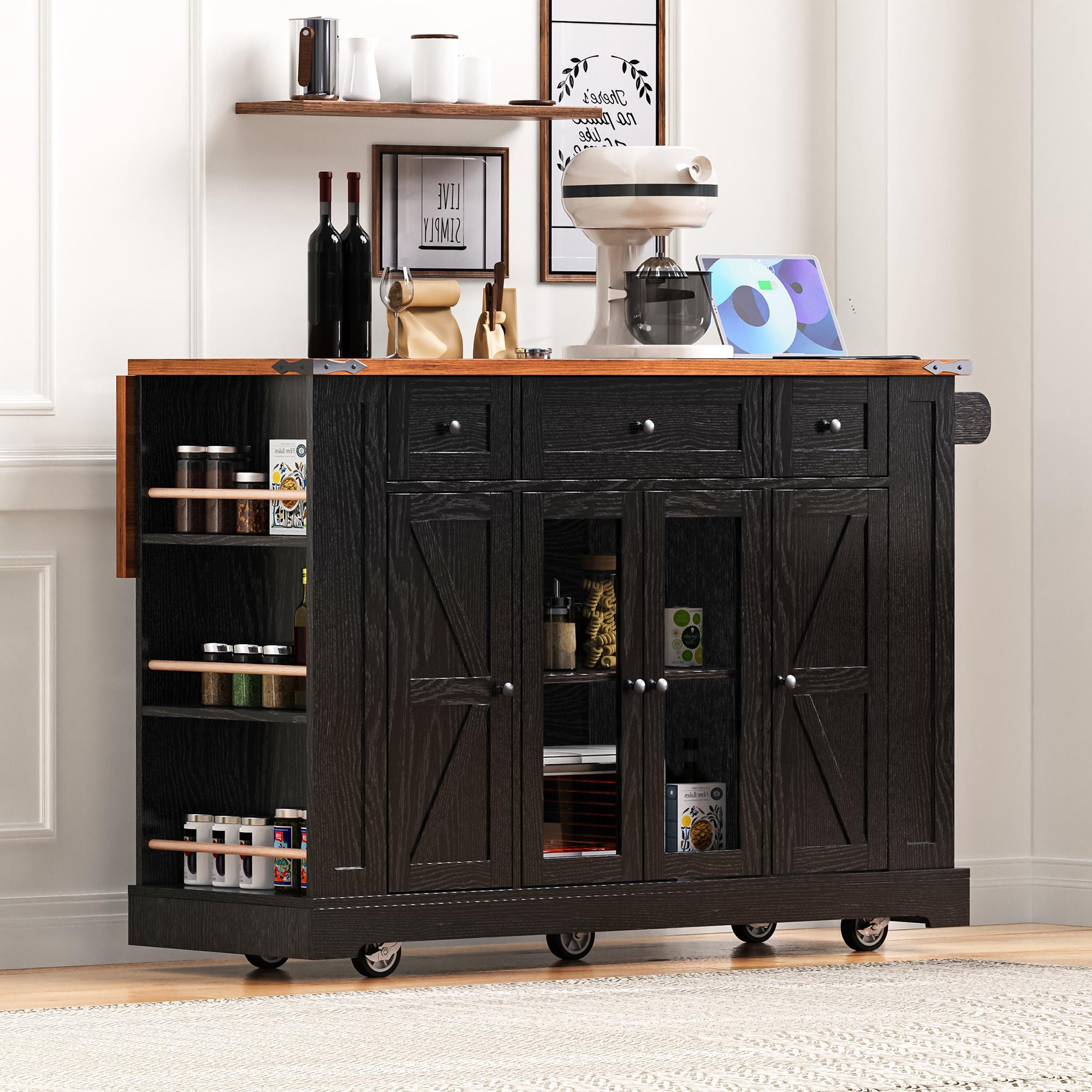 Farmhouse Kitchen Island with Tempered Glass Doors, Power Outlet, Rolling Cart with Drop Leaf, 5 Racks, 3 Drawers, 53" L x 29.5" W x 36" H, Black