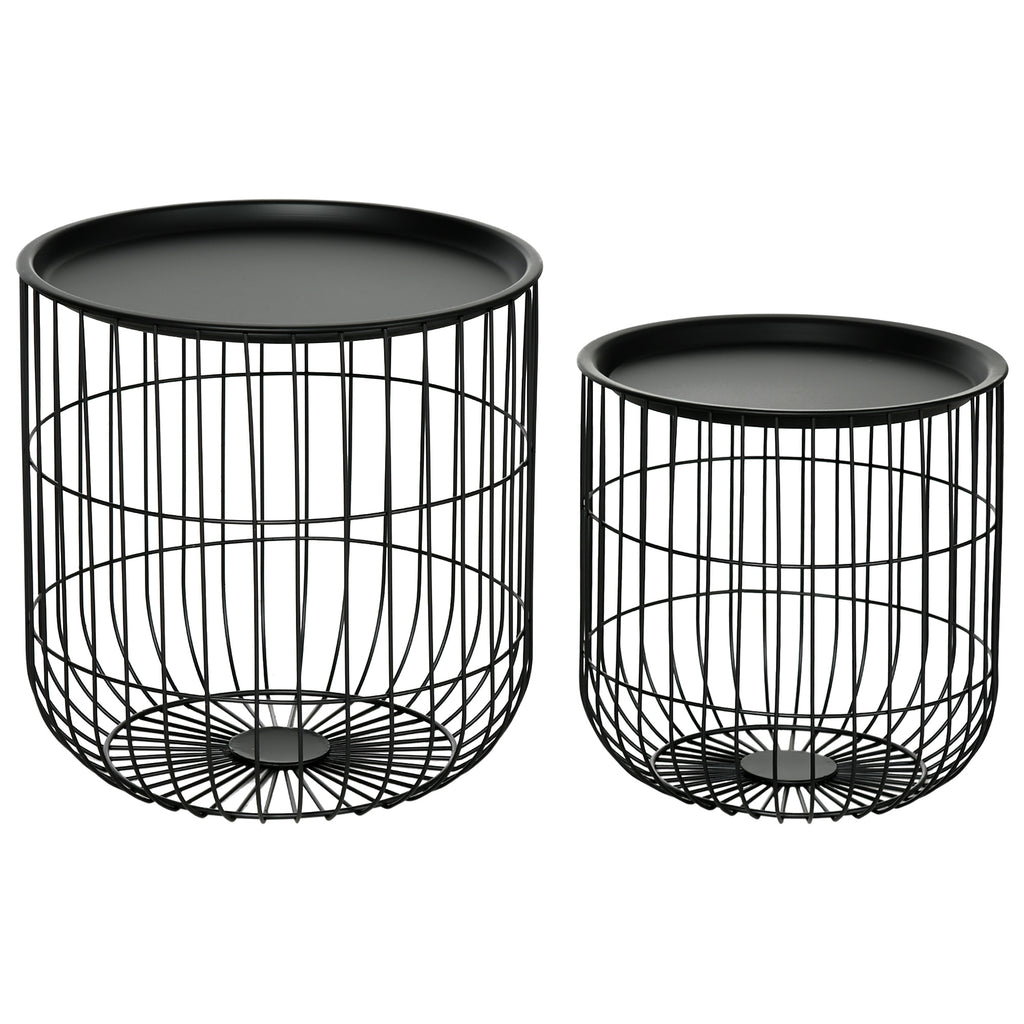 Coffee Table Set, Nest of Coffee Tables with Steel Wired Basket Body and Removable Top for Living Room, Black