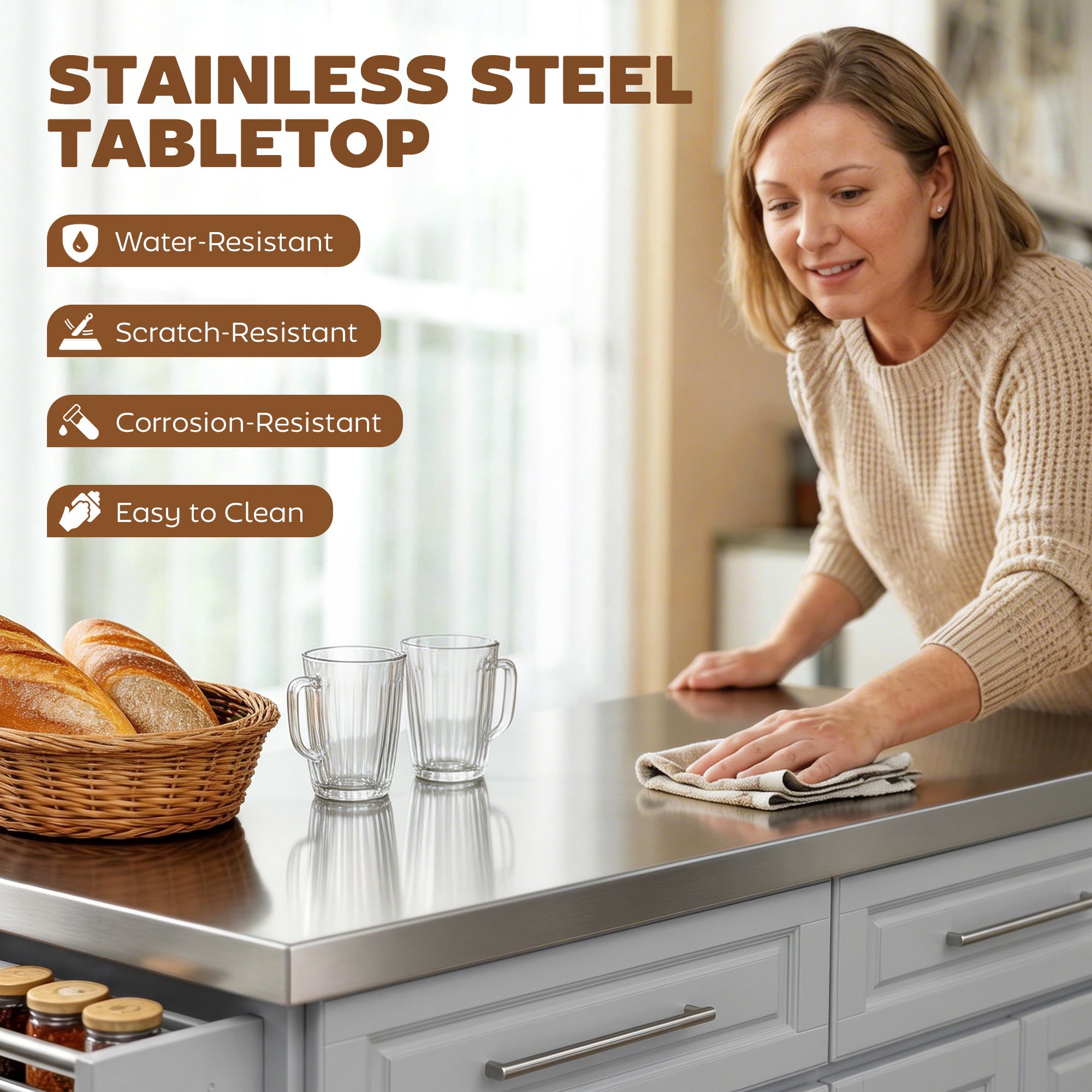 Rolling Kitchen Island Cart with 47" Stainless Steel Top, Portable Island Table for Kitchen with Wheels, Adjustable Shelves, 2 Drawers, Spice, Knife and Towel Rack, Gray