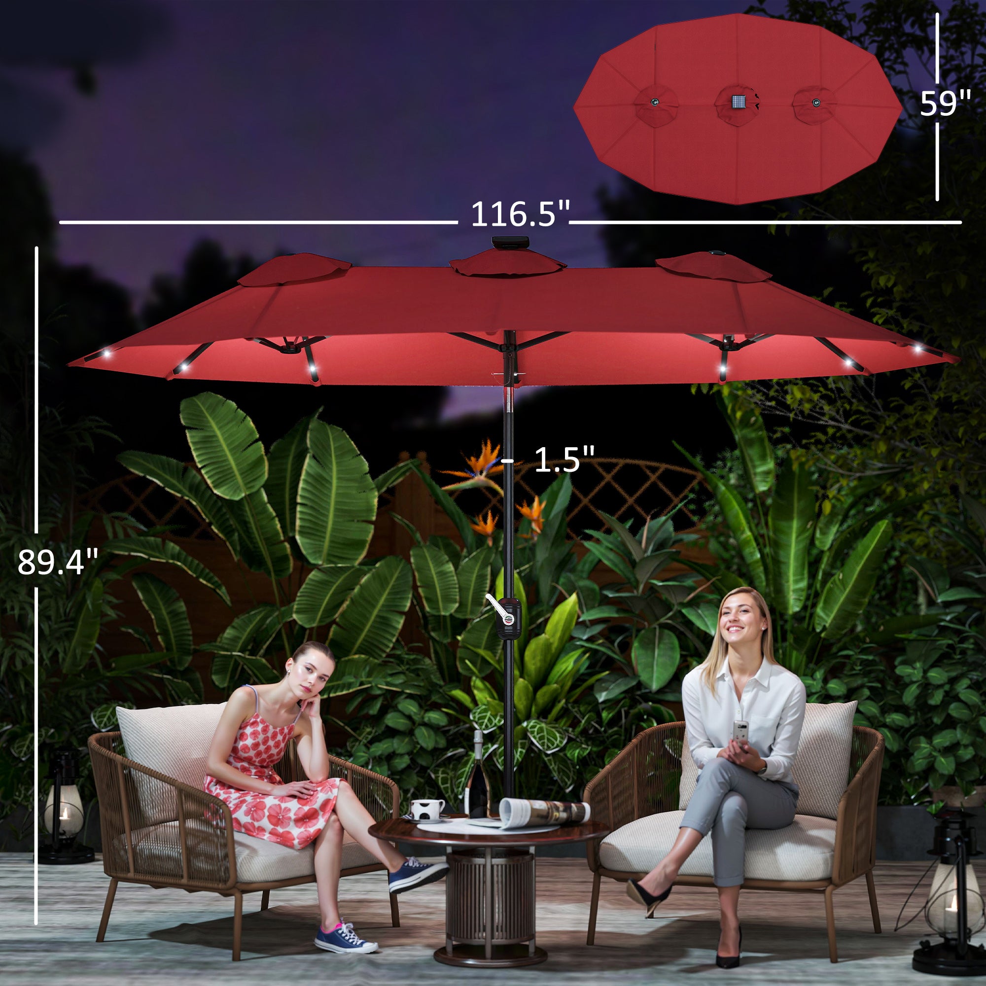 Double-sided Patio Umbrella, 9.7' Outdoor Umbrella with Tilt and Crank, LED Solar Light and 12 Ribs, Wine Red