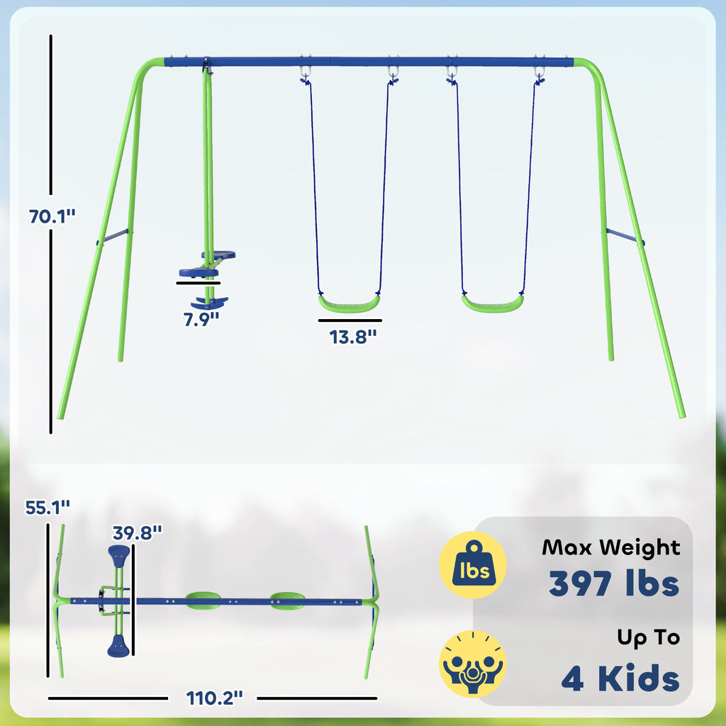 Metal Swing Set with Glider, Two Swing Seats and Adjustable Height, Outdoor Heavy Duty A-Frame Suitable for Playground, Backyard, Green