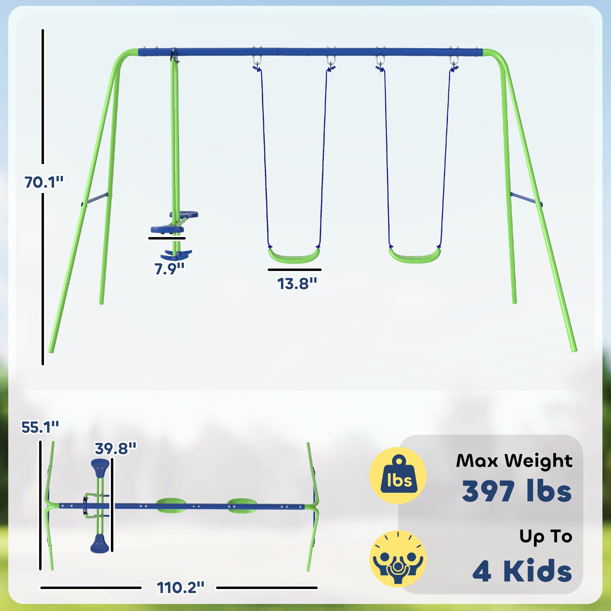Metal Swing Set with Glider, Two Swing Seats and Adjustable Height, Outdoor Heavy Duty A-Frame Suitable for Playground, Backyard, Green