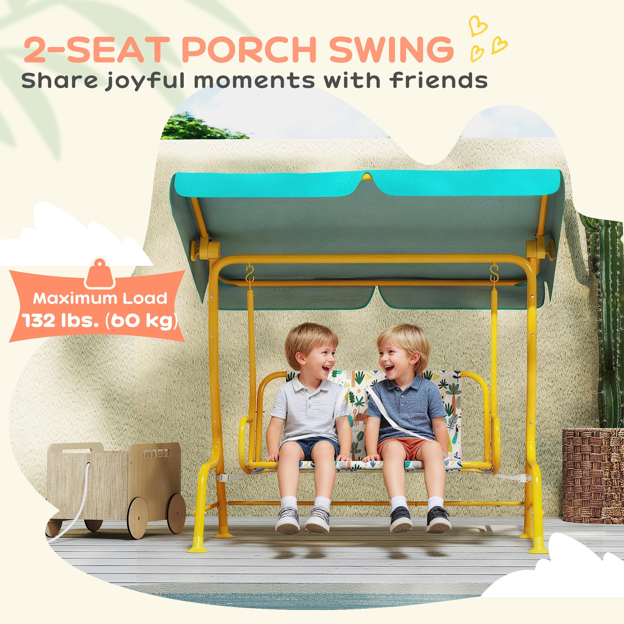 Kids Porch Swing, 2-Seater Patio Swing Bench with Safety Belts, Adjustable Canopy for Backyard, Garden, Green
