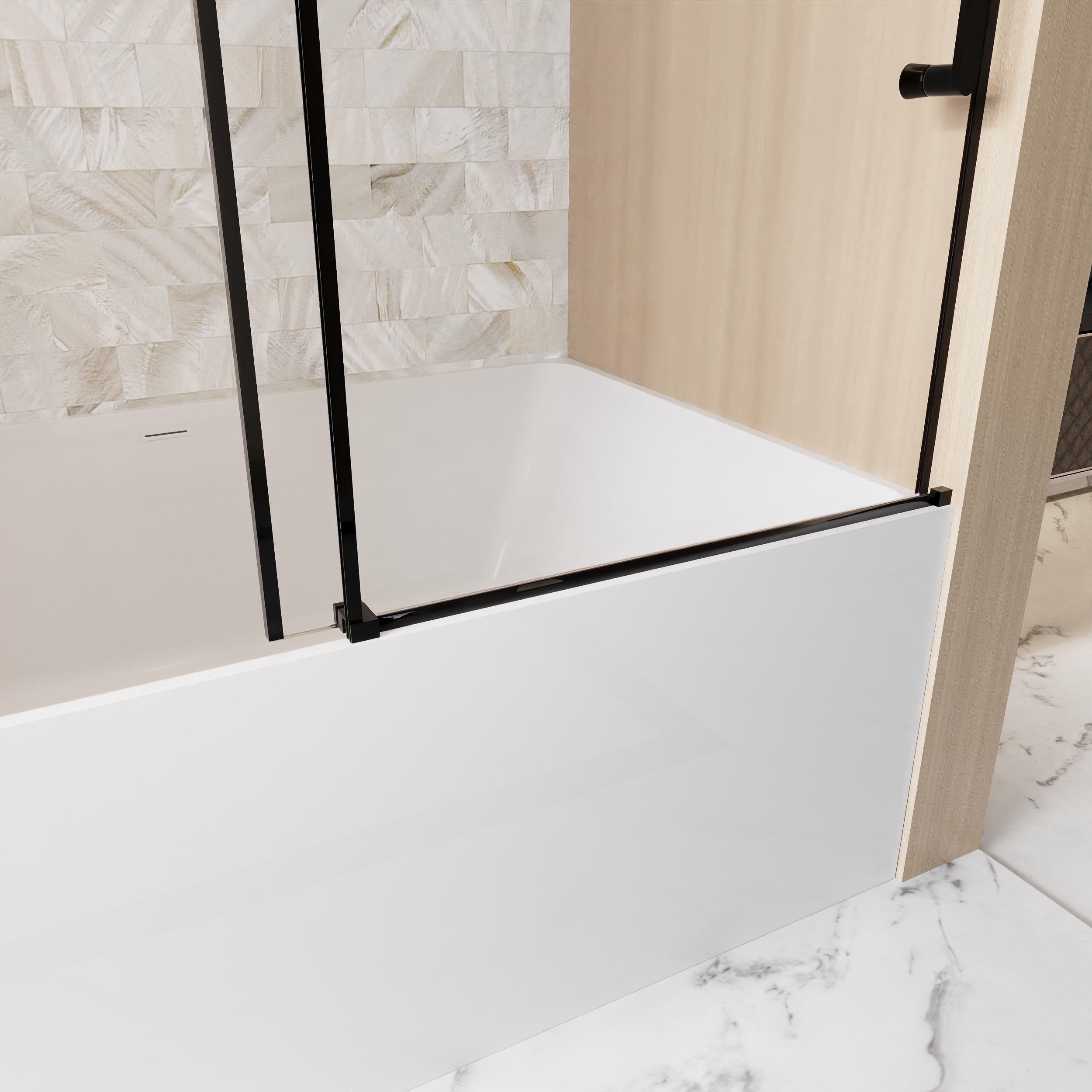 Frameless Sliding Shower Door with Smooth Quiet Stainless Steel Rollers & Round Tracks, Panel for Bathroom, 60" L x 0.5" W x 60" H, Matt Black
