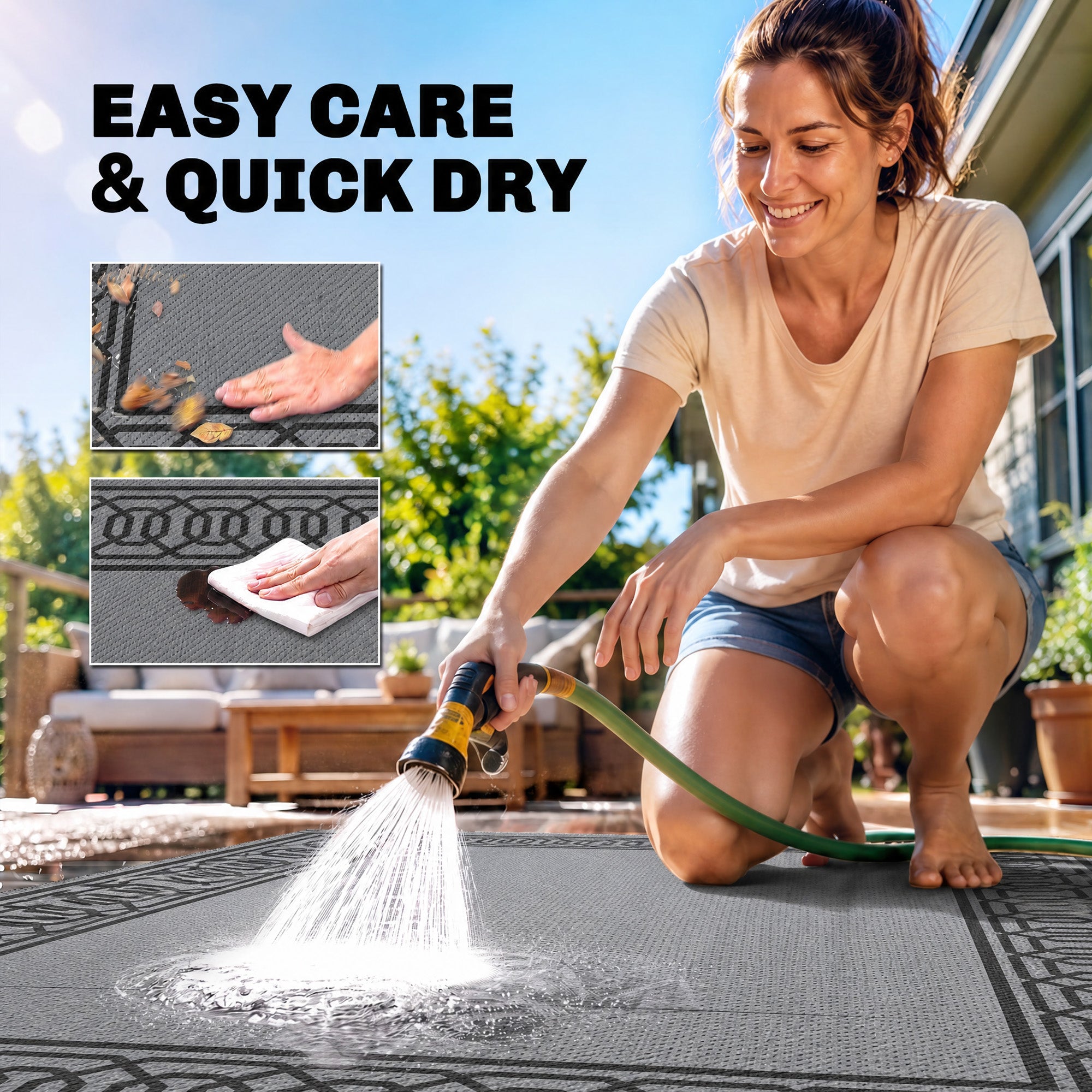 Outdoor Rug for Patio, 9' x 12' Waterproof Large Mat, Reversible Plastic Straw Rug for Decor, Portable Outside RV Camping Area Carpet Mat for Backyard Porch Deck Picnic, Black & Gray Border