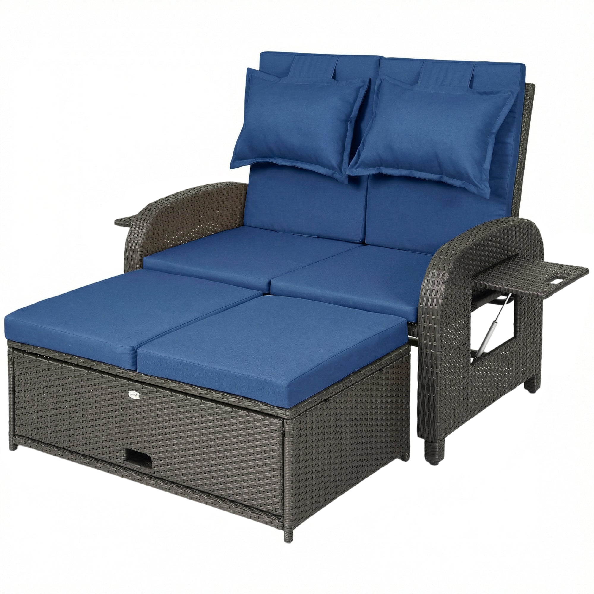 Patio Rattan Daybed, Wicker Outdoor Daybed with Storage Ottoman, Loveseat w/ Adjustable Backrest, Navy Blue