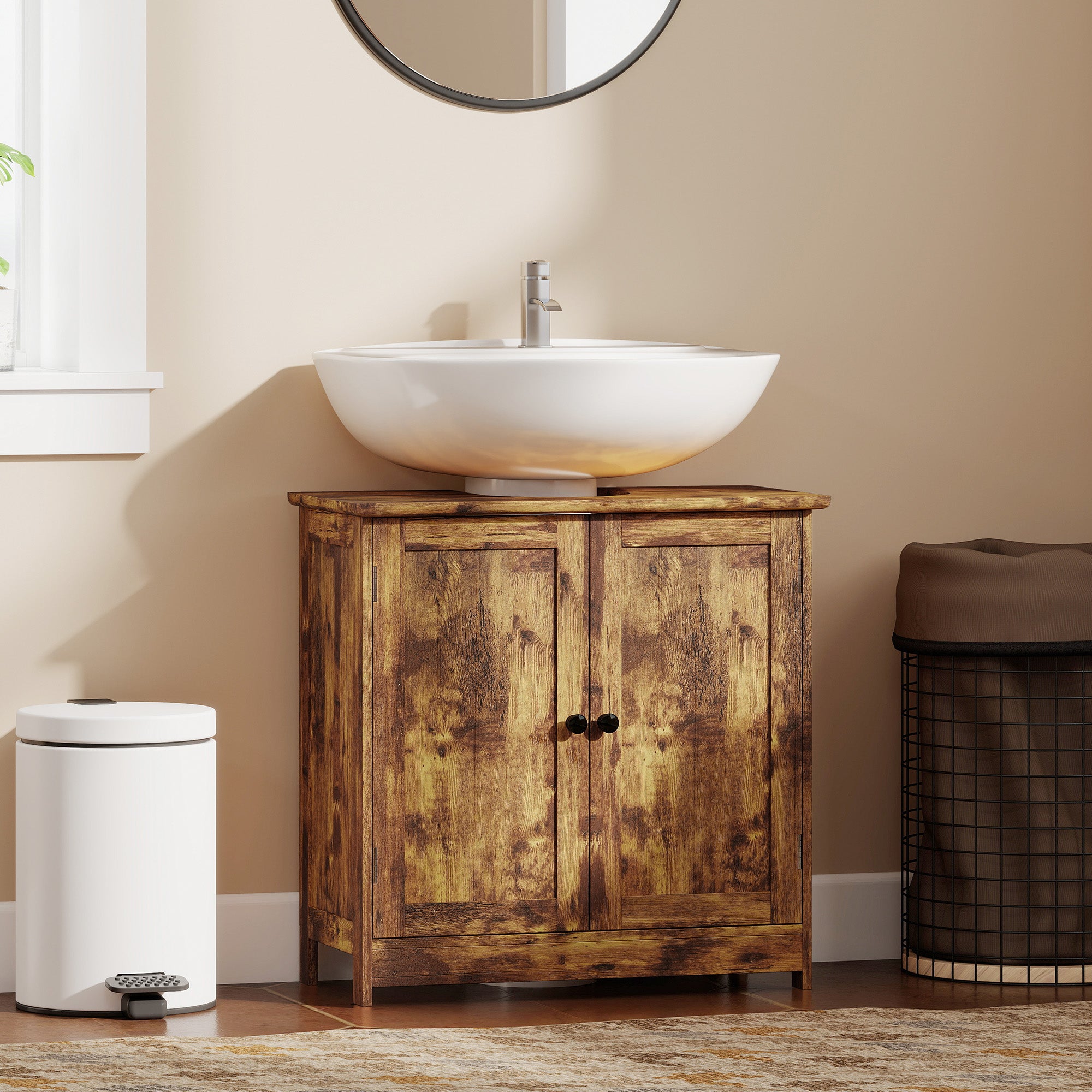 Bathroom Vanity Cabinet, Under Sink Bathroom Cabinet with 2 Doors and Adjustable Shelf, Rustic Brown