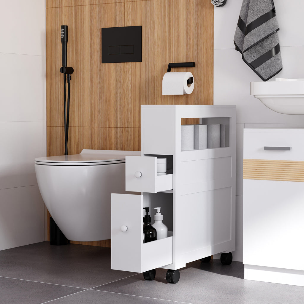 6.25" x 20.5" x 28.25" Wood Rolling Narrow Bathroom Side Storage Cabinet - White