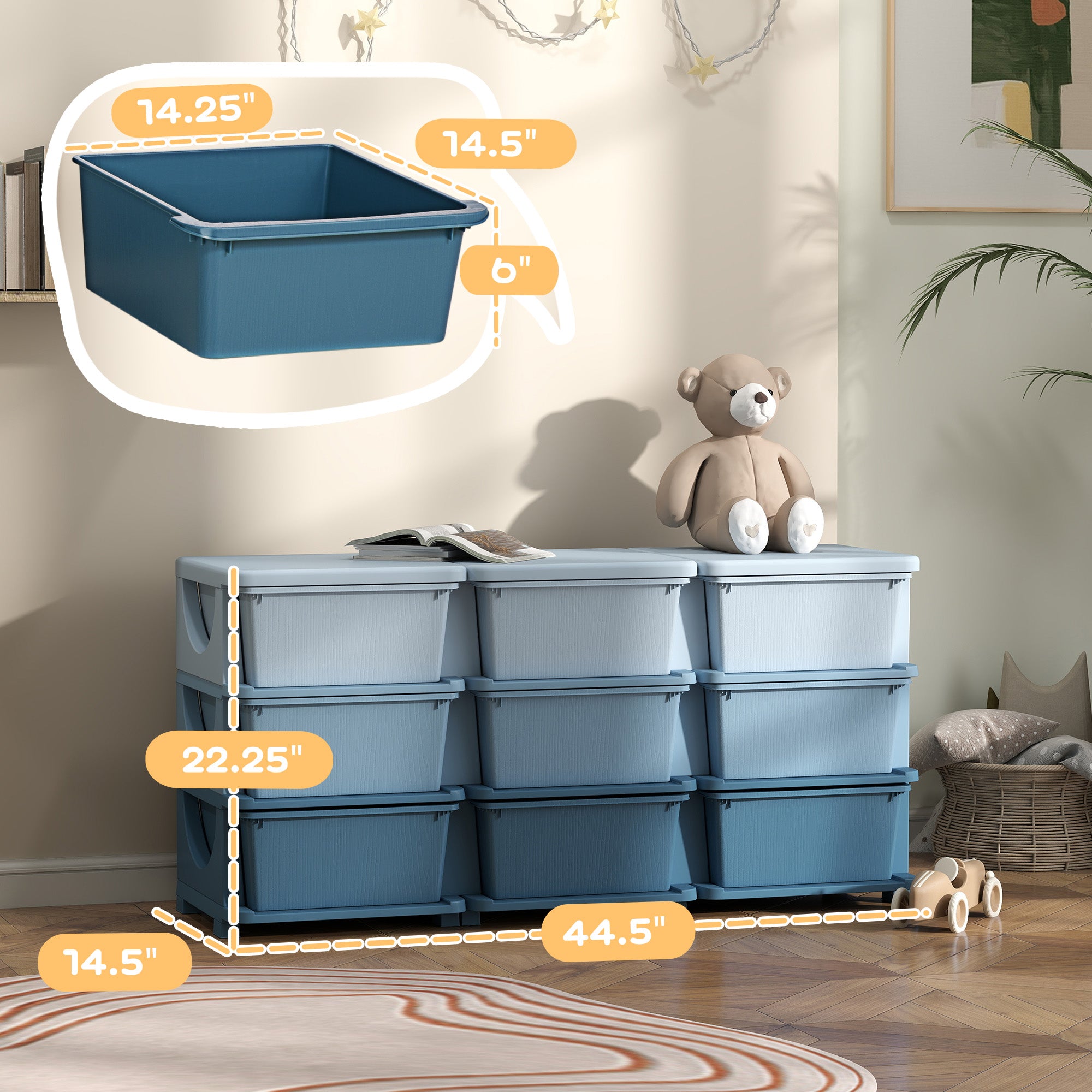 29.5" 3 Tier Kids Storage Unit Dresser Tower w/ 9 Drawers, Blue
