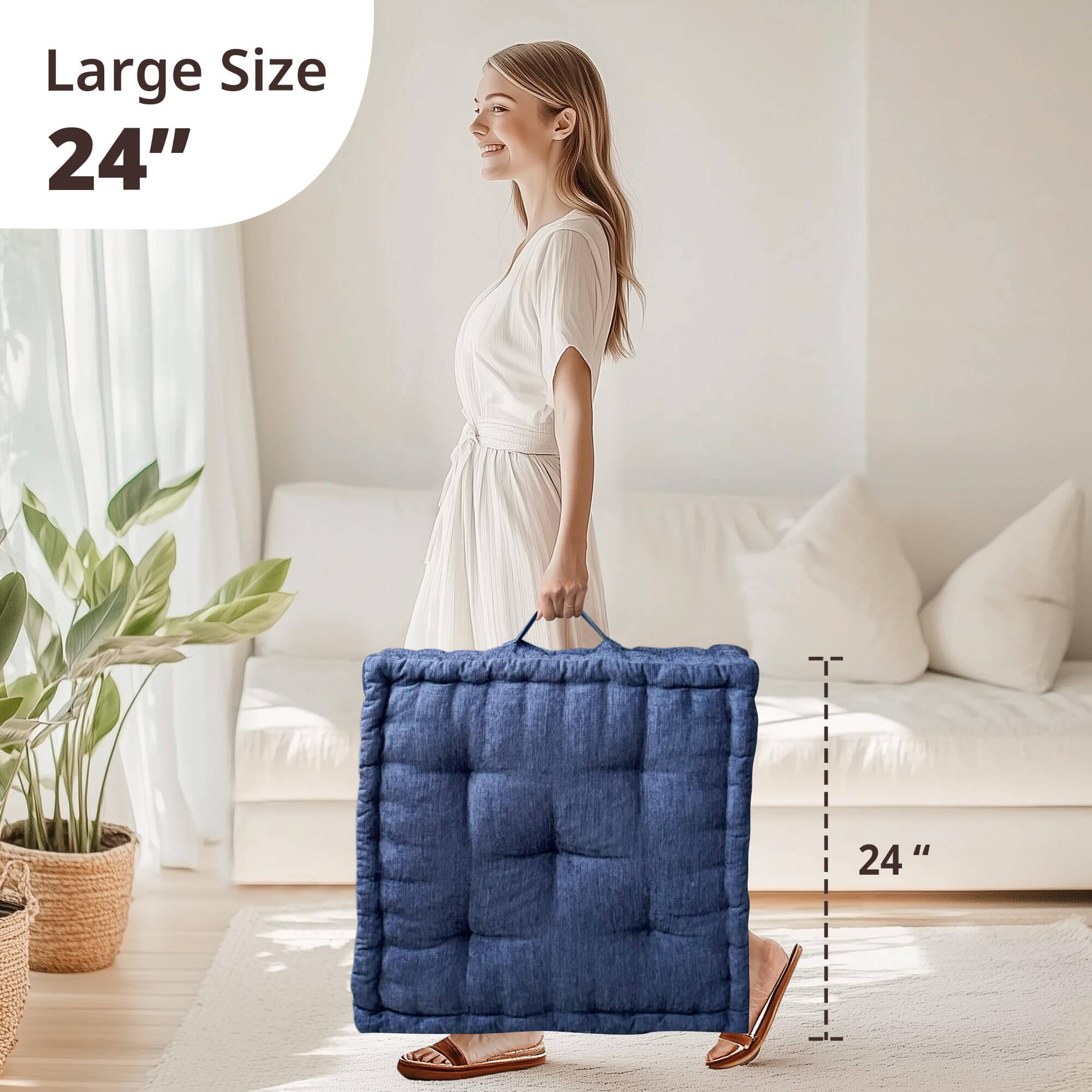 Textured Poly Chenille Square Floor Pillow Cushion with Tufted Detailing, Scalloped Edge, Hypoallergenic Polyester, 24" L x 24" W x 5" H, Navy Blue