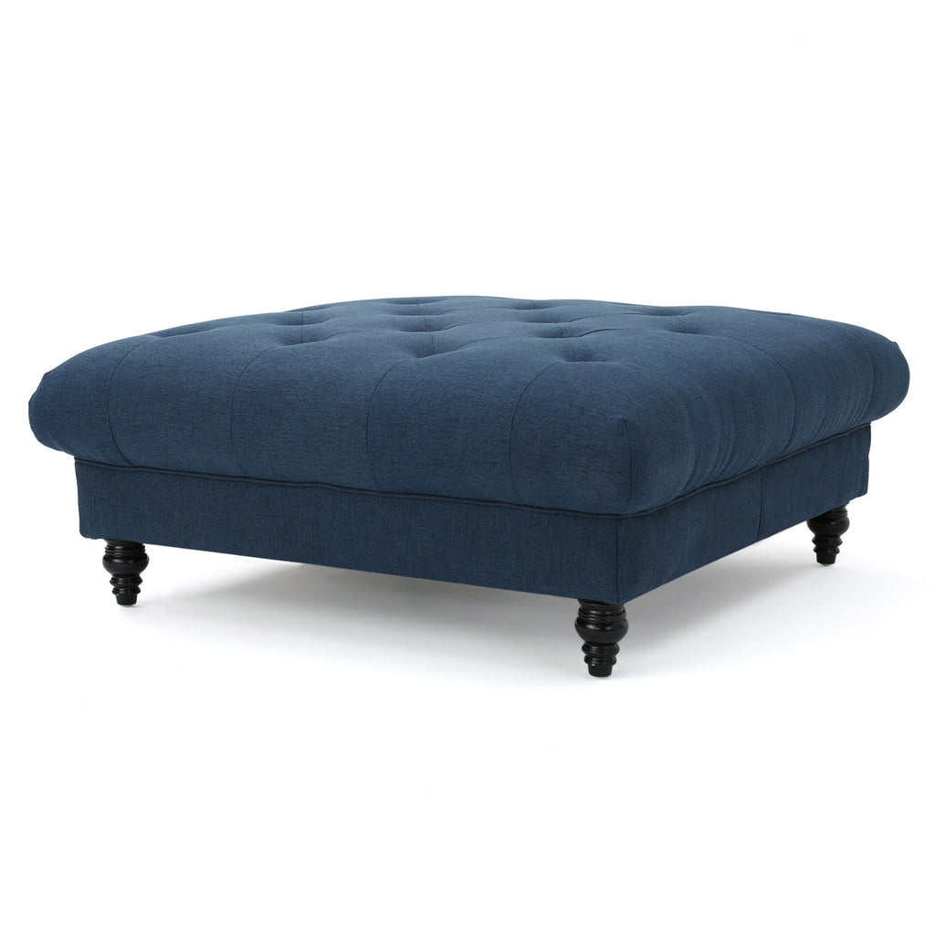 Tufted Ottoman with Upholstered Polyester Blend, Button Tufting, Turned Feet, 40.5" x 40.5" x 16.9", Navy Blue