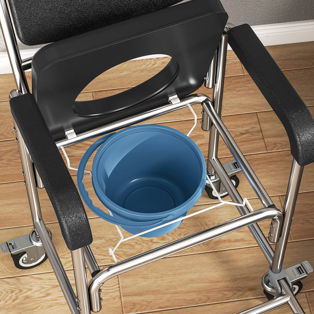 3-in-1 Shower Commode Wheelchair, Accessible Transport Commode Medical Rolling Chair, Black