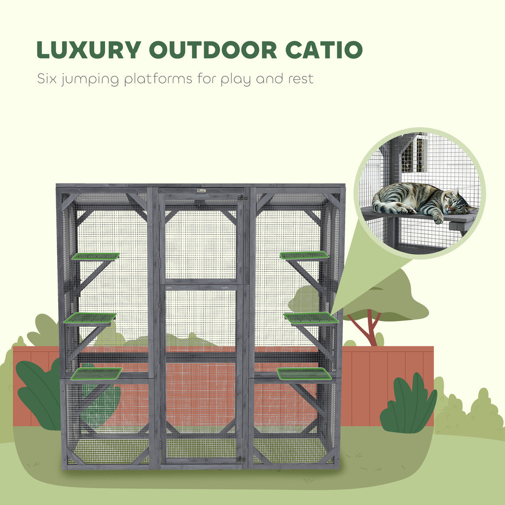 Large Wooden Catio Outdoor with 6 Jumping Platforms, Weatherproof Roof, for 1-3 Cats, 59" x 28" x 60", Gray
