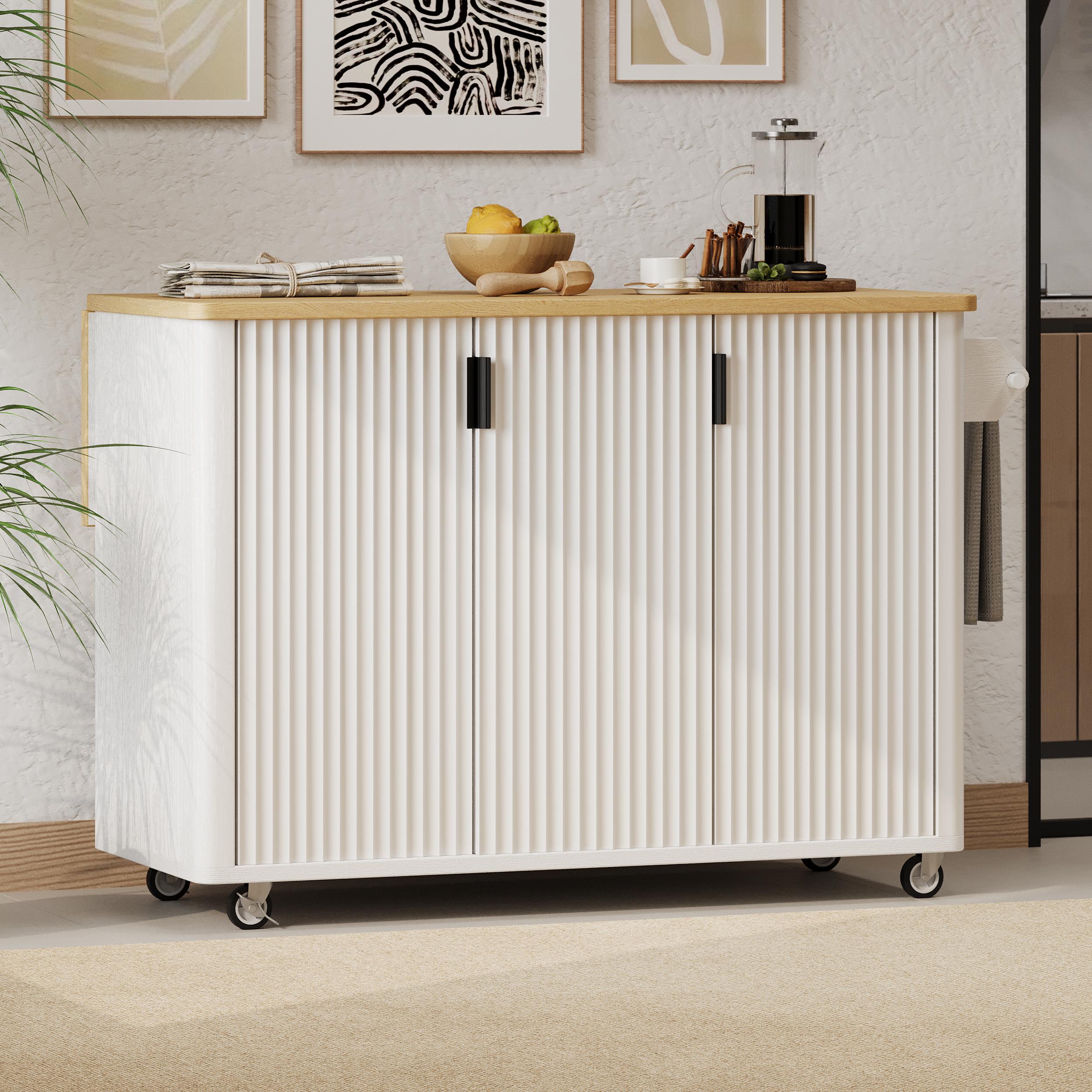 Fluted Kitchen Island with Drop Leaf, Internal Storage Rack, Rolling Kitchen Cart with Towel Rack, Adjustable Shelves, Smooth Curved Edge, White
