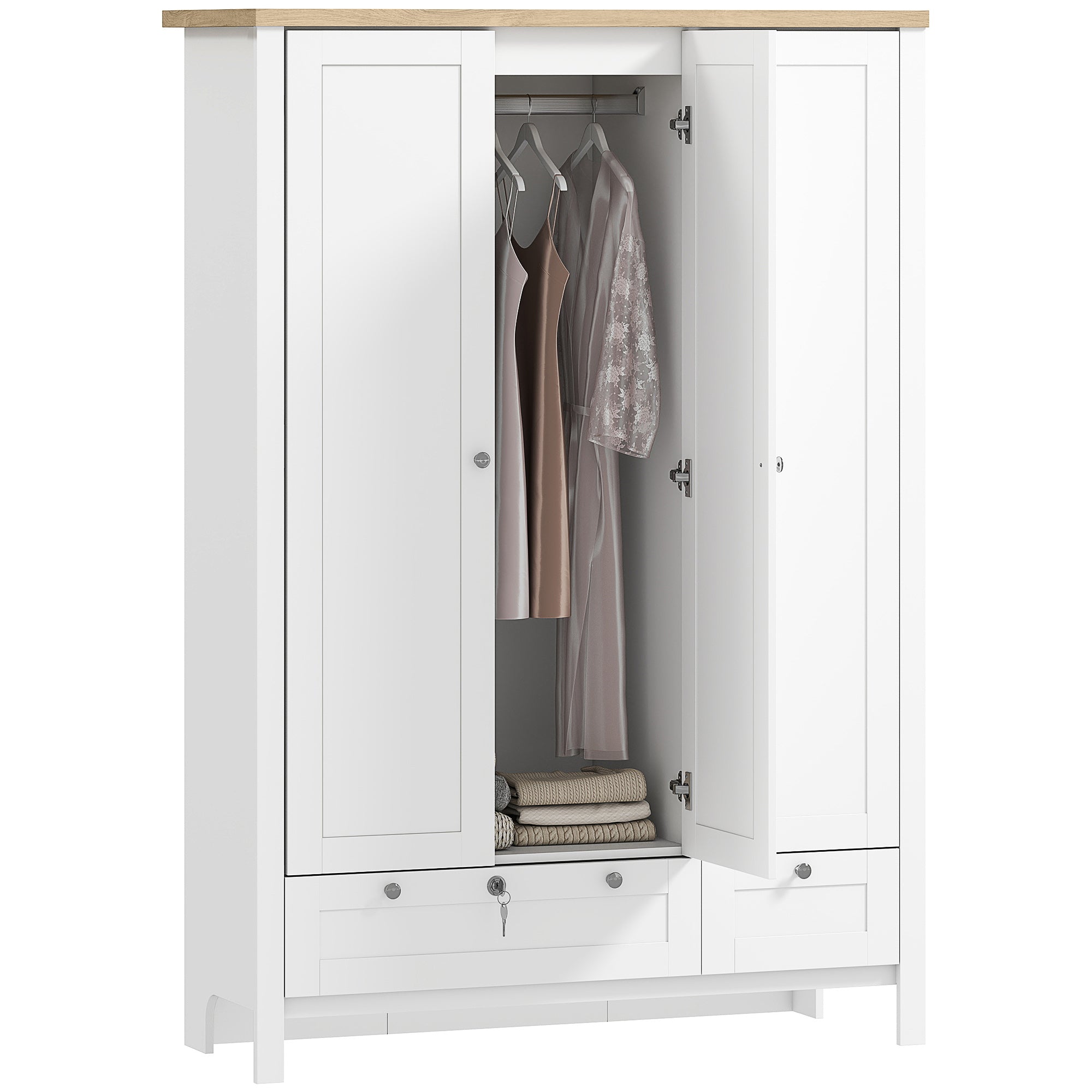 3 Doors Wardrobe Closet with 2 Drawers, Bedroom Armoire with Lockable Drawer, Hanging Rod and Storage Shelves, White