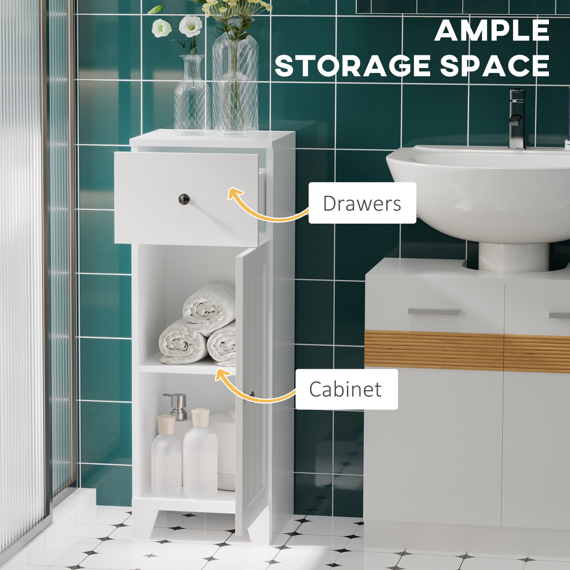 Short Bathroom Storage Cabinet, Cabinet Organizer with 1 Drawer and Adjustable Shelf for Living Room, White
