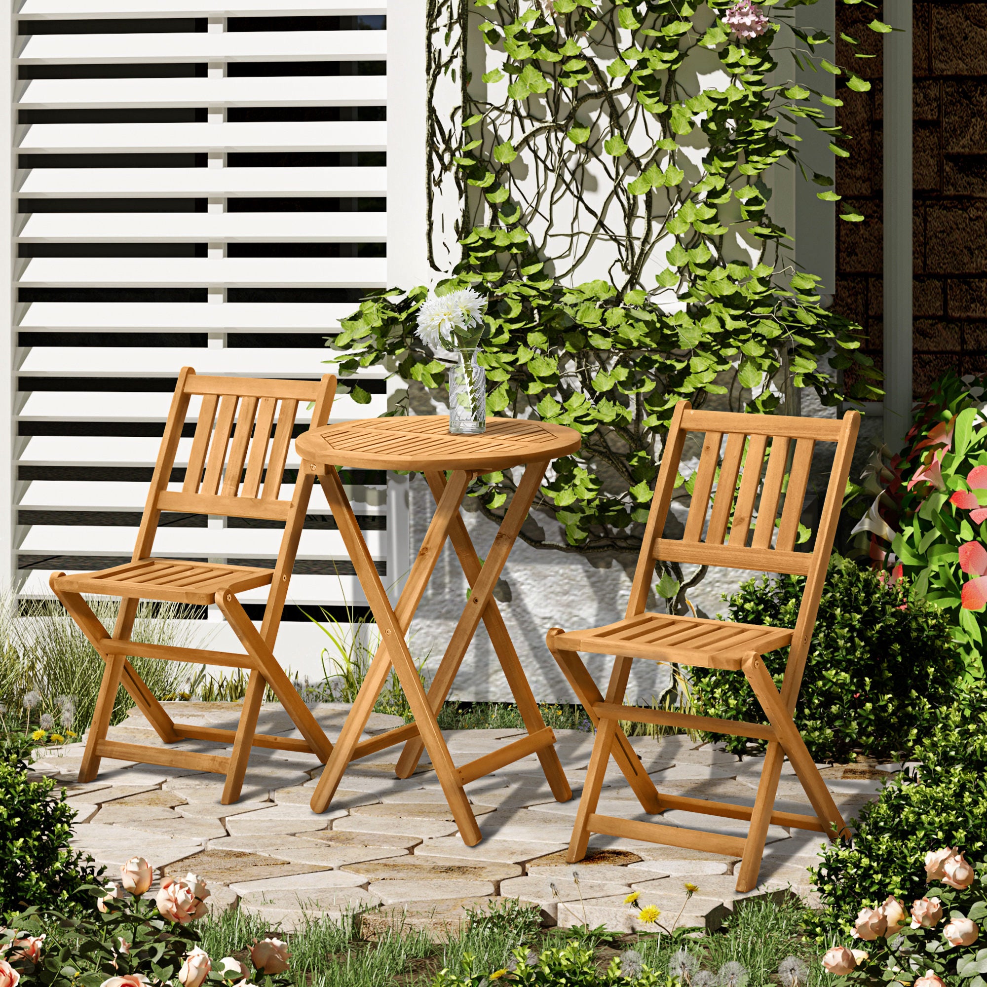 3-Piece Acacia Wood Bistro Set, Folding Patio Furniture with 2 Folding Chairs and Round Coffee Table, Teak, Slatted Finish, for Backyard, Balcony, Deck, Natural