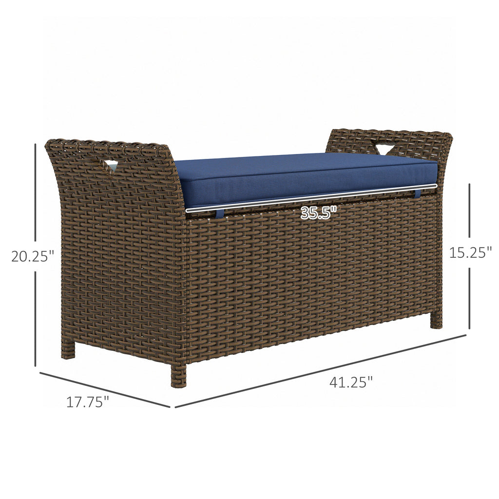 Outdoor Patio Wicker Storage Bench, 2-In-1 Rattan Patio Furniture, 29 Gal Storage Box w/ Cushion, Dark Blue