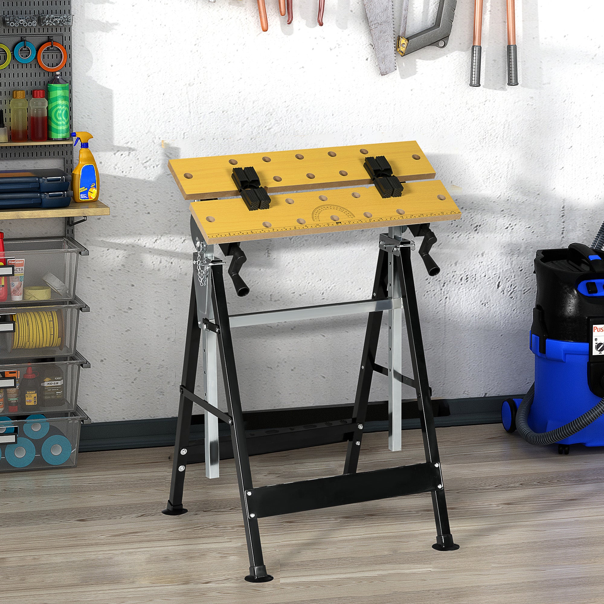 Work Bench Tool Stand with Adjustable Height and Angle, Carpenter Saw Table with 4 Clamps, Steel Frame, 220lbs Capacity