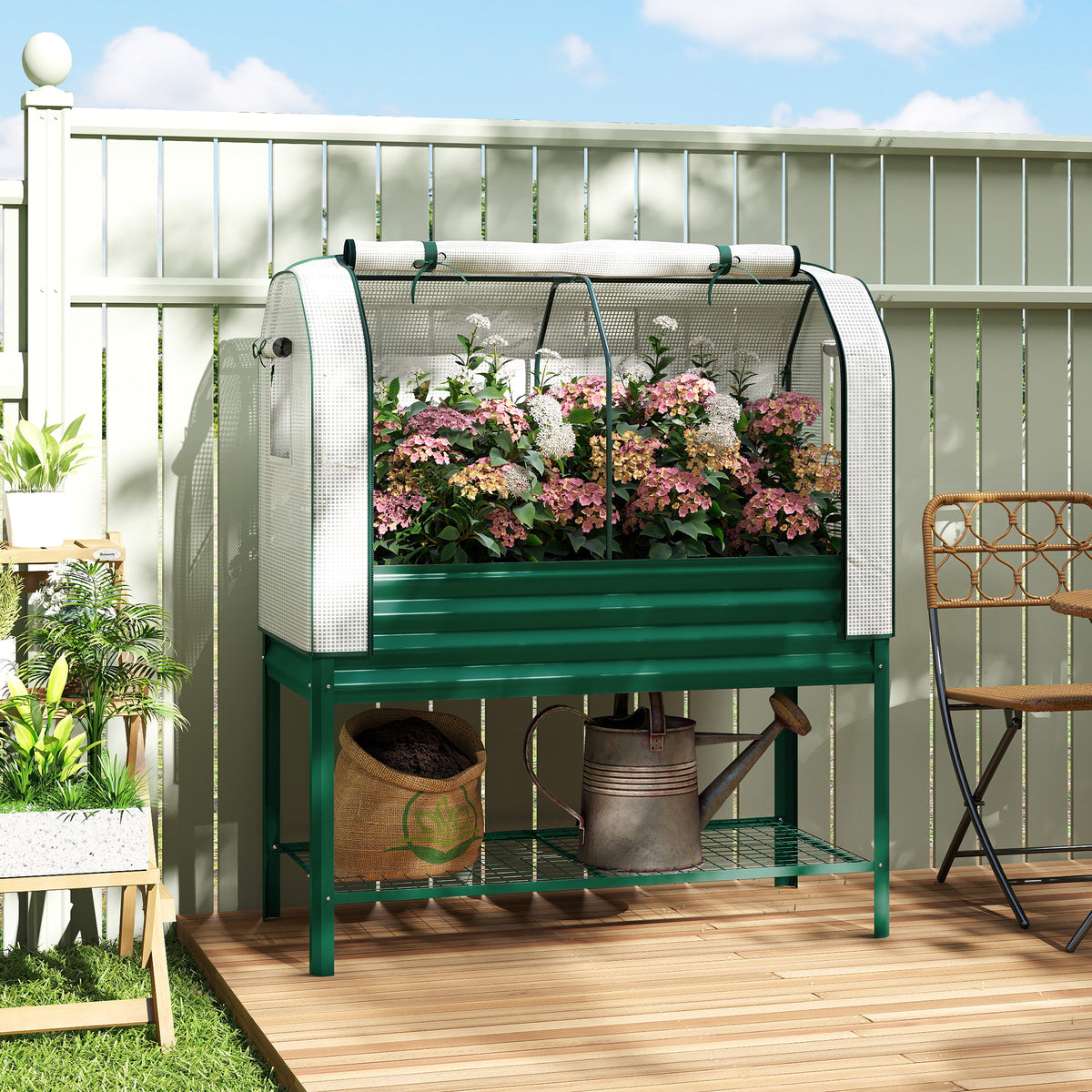 Galvanised Raised Garden Bed with Greenhouse Cover, Metal Elevated Garden Bed with Bed Liner, Bottom Shelf, Green