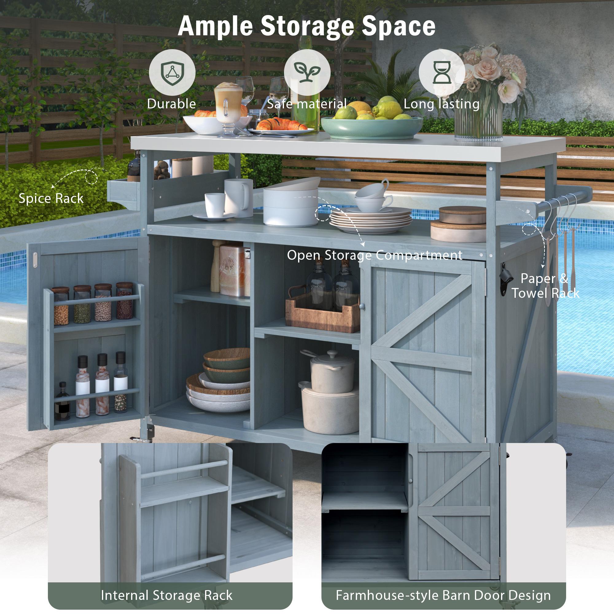 Outdoor Kitchen Island with Spice and Towel Rack, Lockable Wheels, Rolling Bar Cart with Stainless Steel Top, 50" L x 18.5" W x 36.5" H, Slate Blue