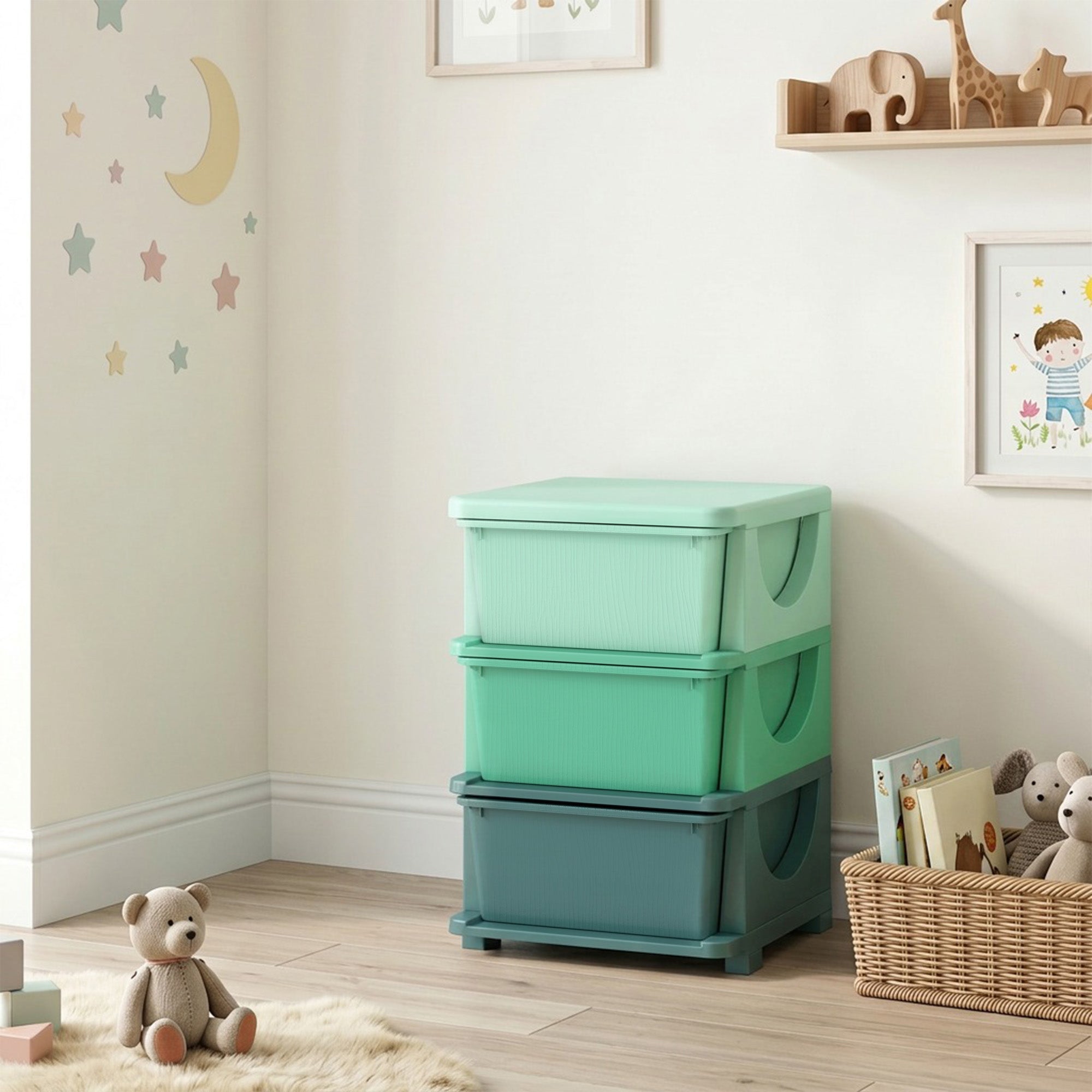3 Tier Kids Storage Unit, Toy Organizers and Storage with 3 Drawer for Bedroom Nursery Living Room for Boys Girls Green