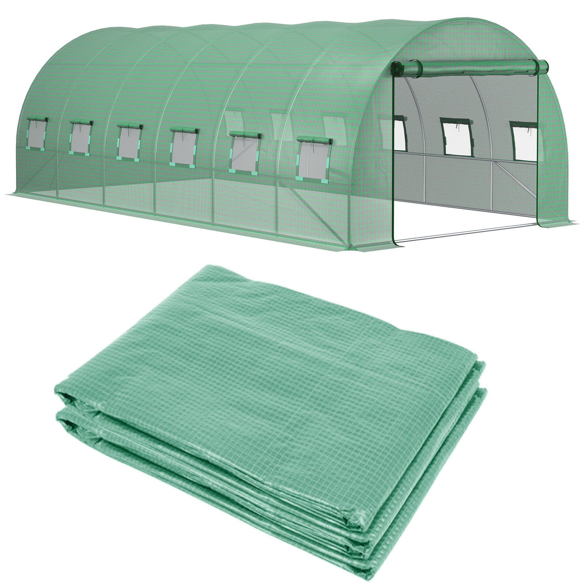 19.7' x 9.8' x 6.6' Plastic Greenhouse Cover Replacement, Heavy Duty Waterproof Tarp for Hoop House, Sheeting with 12 Windows, Door & Reinforcement Grid, Green