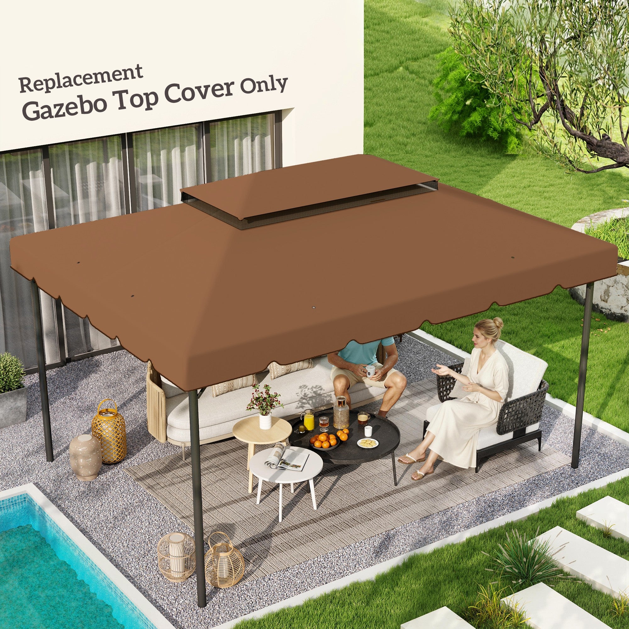 Model 84C-101 or 84C-144 13' x 10' Gazebo Replacement Canopy, Gazebo Top with Double Vented Roof (TOP ONLY), Coffee