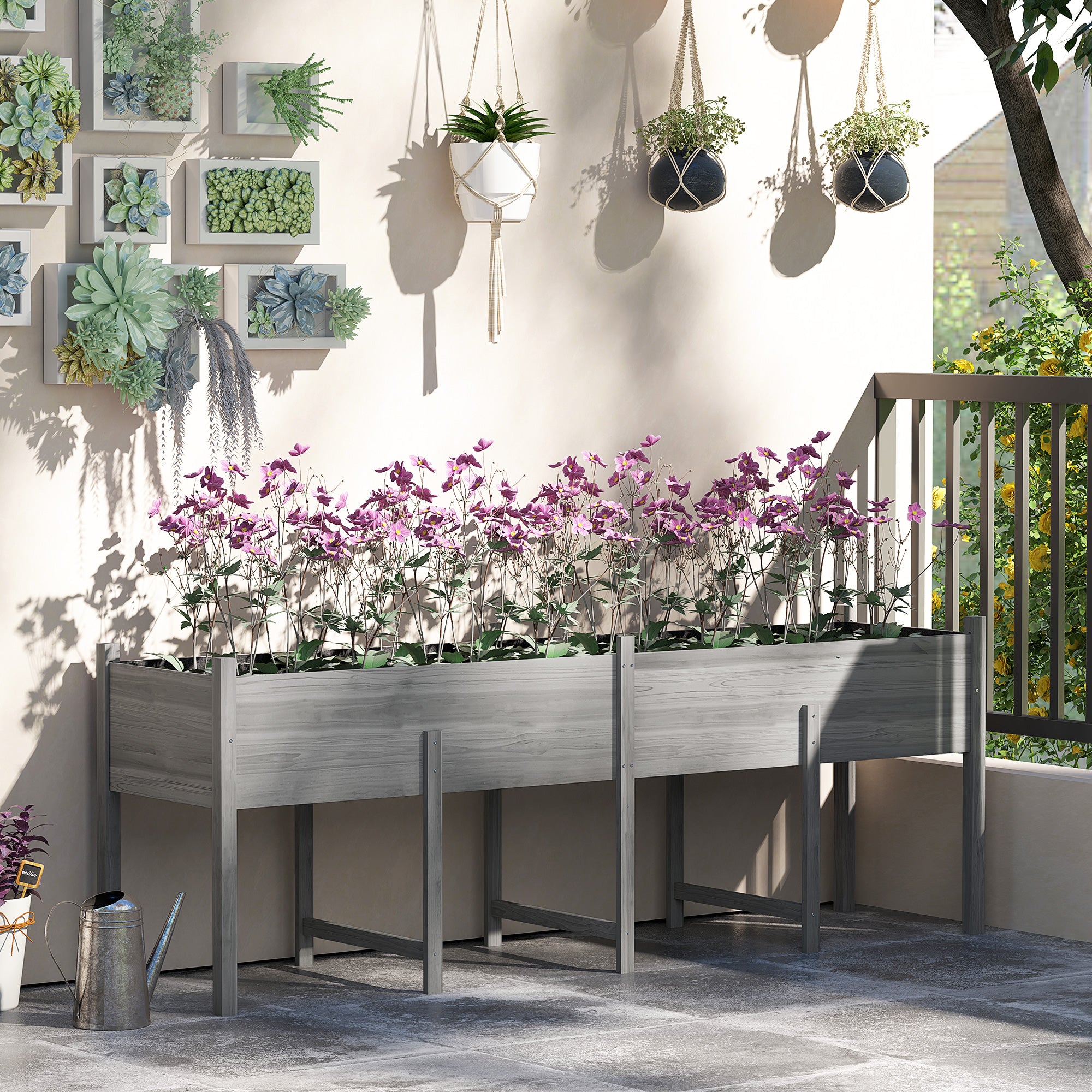 Wooden Raised Garden Bed, Large Elevated Planter Box with Legs, Bed Liner and Drain Holes, 7.4' x 1.8' x 2.6', Gray