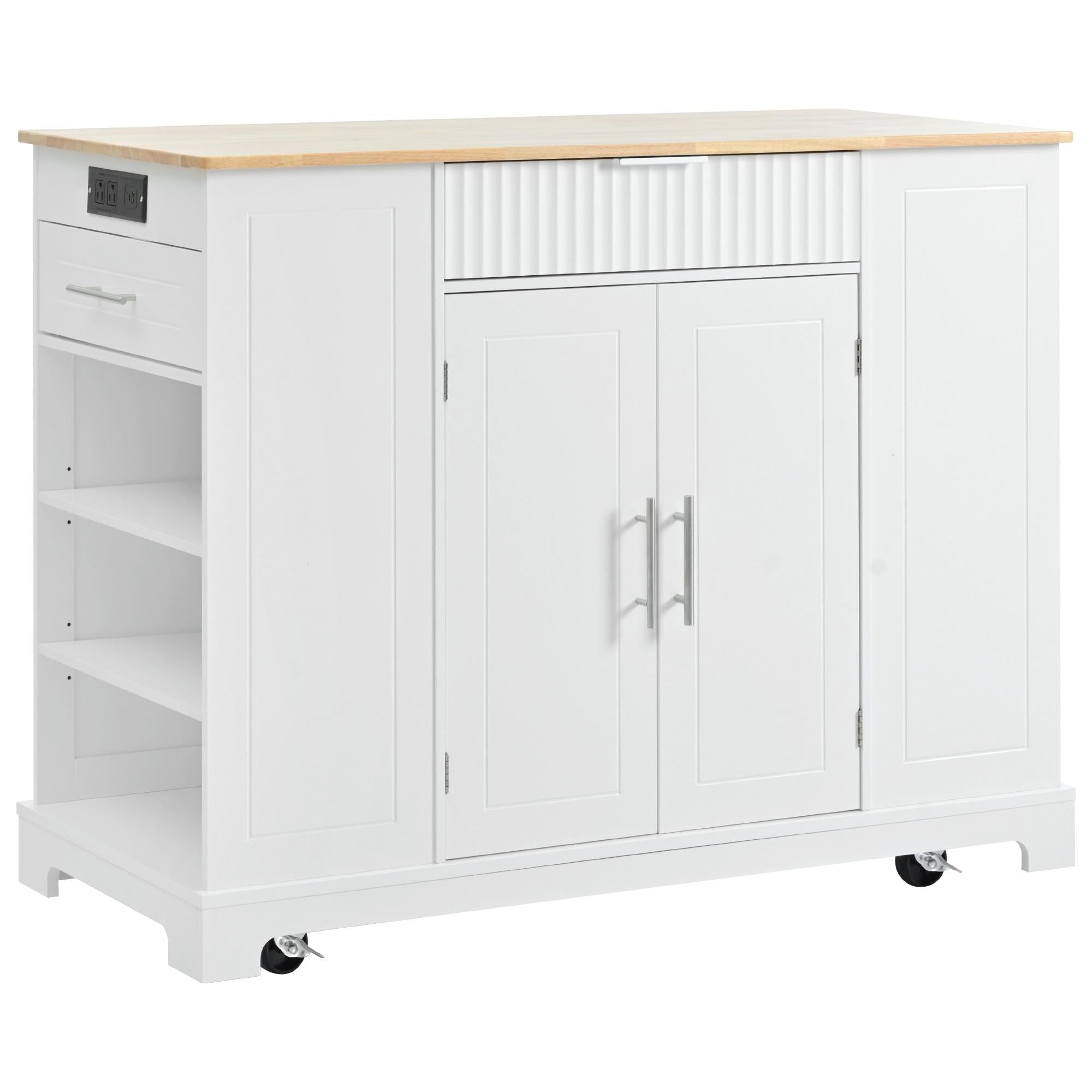 Fluted Kitchen Island with Trash Can Storage, Power Outlet, Internal Rack, Rolling Cart on 5 Wheels with 3 Drawers, 3 Open Side Racks, White
