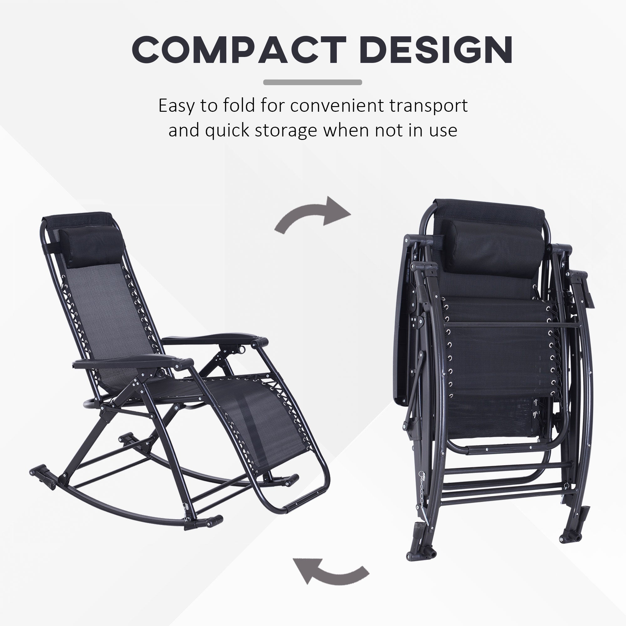 Outdoor Rocking Chairs, Foldable Reclining Zero Gravity Lounge Rocker with Pillow, Cup & Phone Holder, Combo Design with Folding Legs, Black