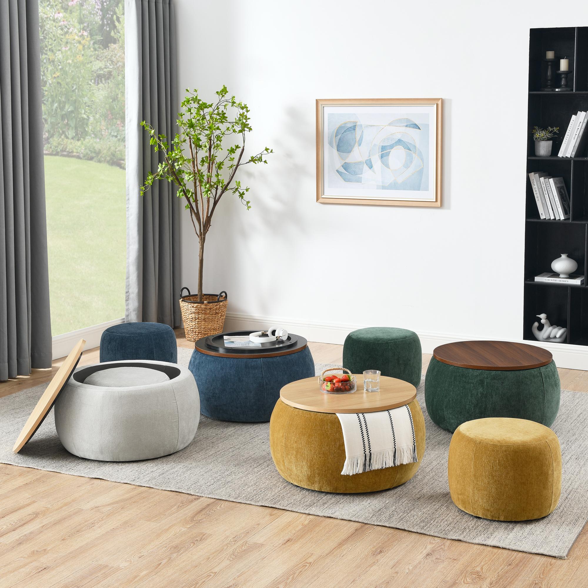2-in-1 Round Storage Ottoman with Removable Top for Storage, End Table with Eucalyptus Wood Frame, 25" L x 25" W x 15" H, Dark Yellow