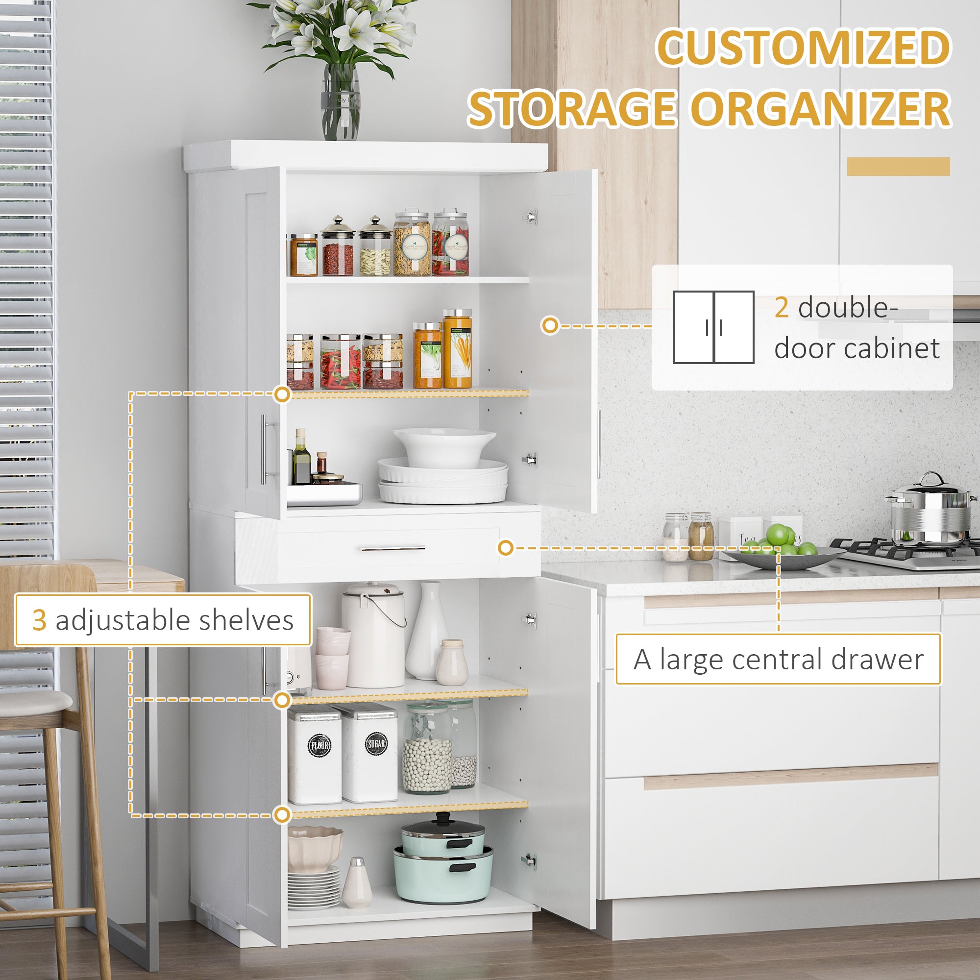 White Pantry Cabinet with Adjustable Shelving for Kitchen, Perfect for Family, White