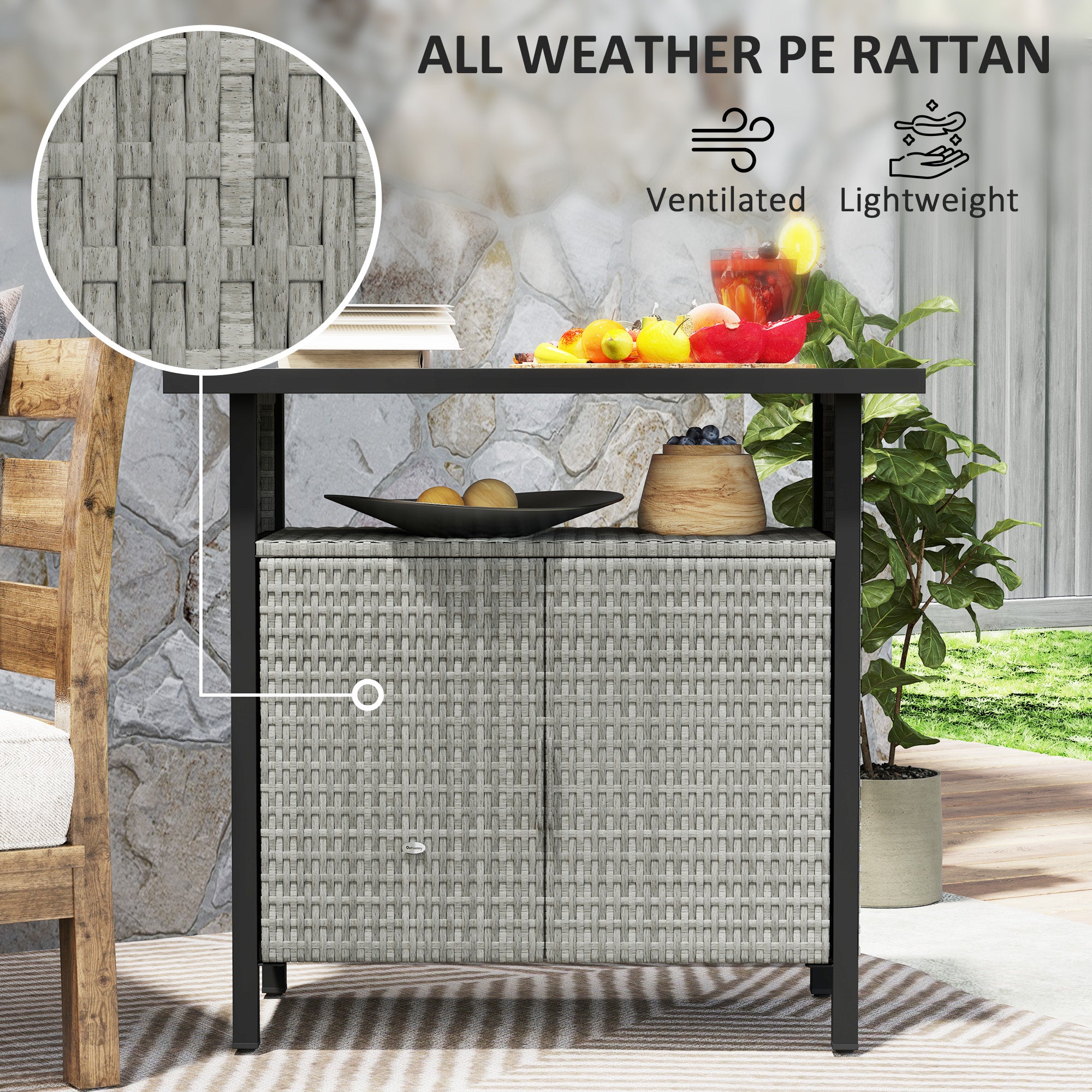 Outdoor Pool Towel Storage Cabinet Organizer, Outdoor Bar Table with Shelf and Cabinet, Pool Towel Holder Pool Valet with Weather-Resistant PE Rattan and Steel Frame, Gray