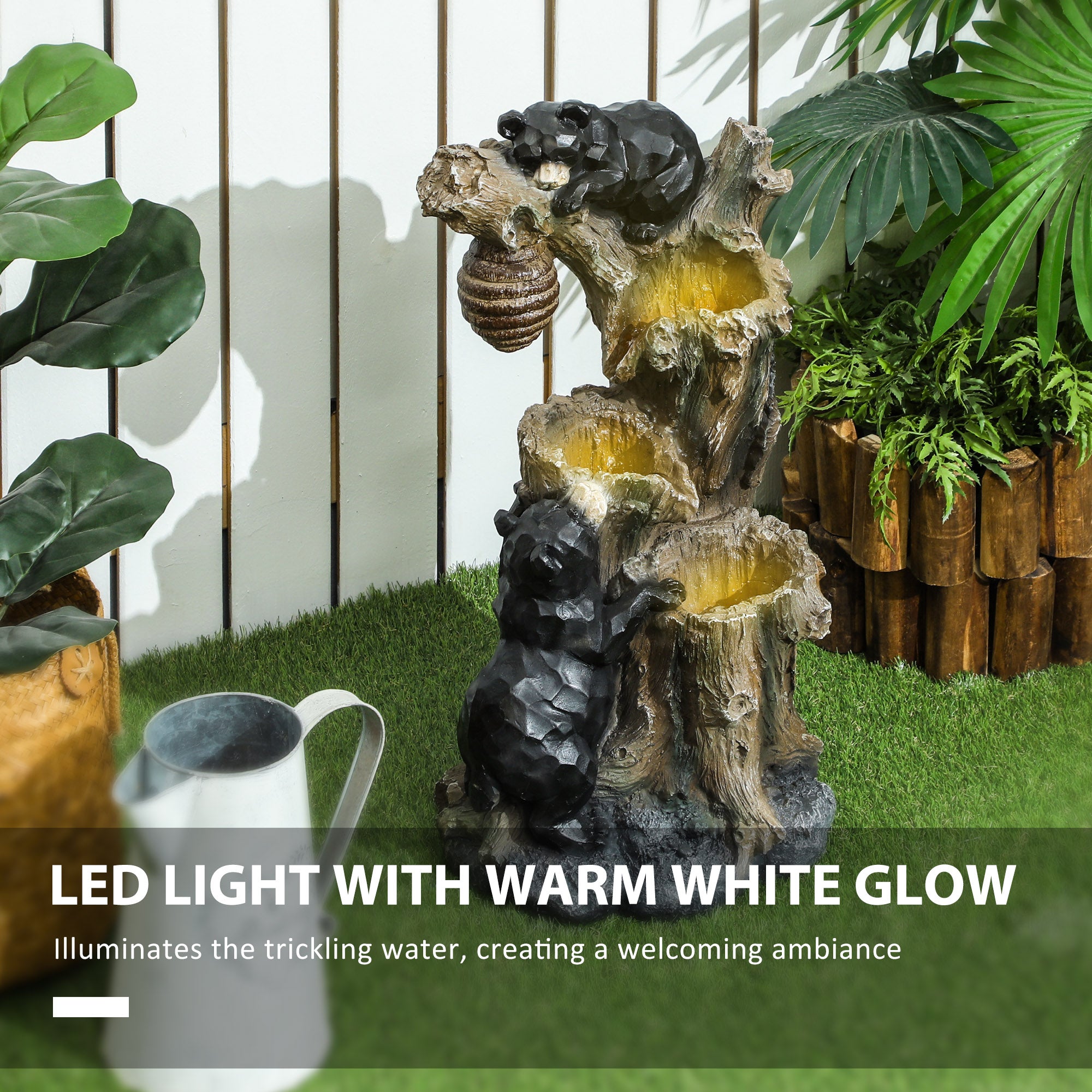 22.4" Outdoor Fountain, 3-Tier Resin Resin Bears and Honey Beehive Outdoor Waterfall Fountain with LED Lights, Pump