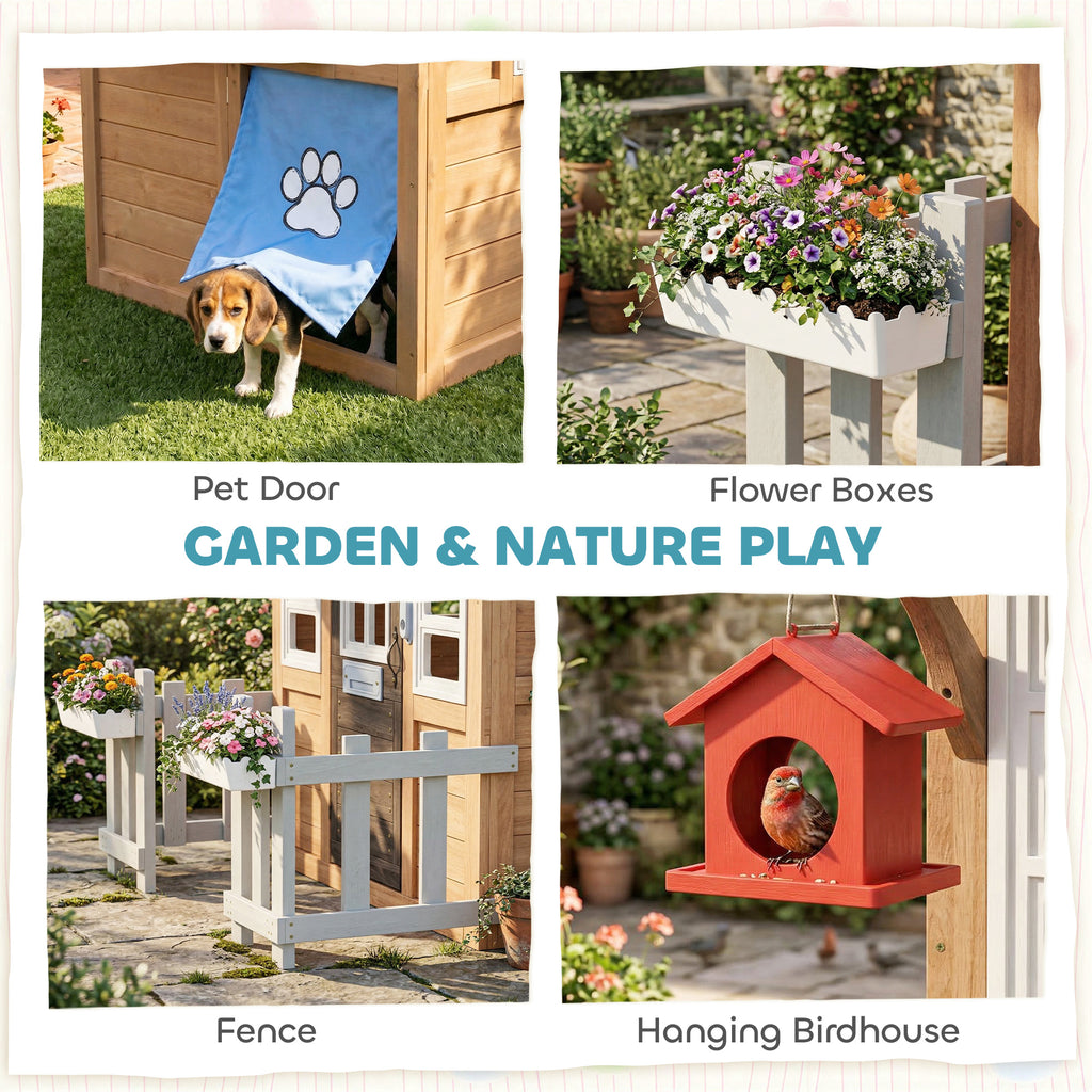 Wooden Kids Playhouse with Pet Door, Play Kitchen, Mailbox, Doorbell, Birdhouse, Fence and Windows for Pretend Play